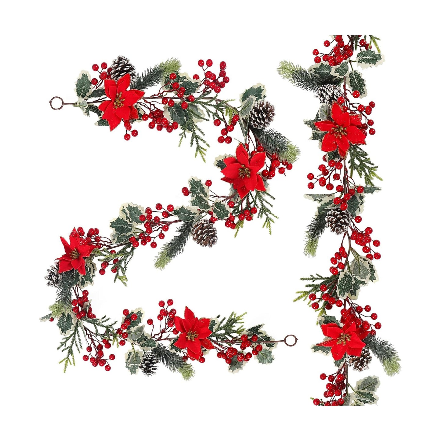 TOCHGREEN 12FT Red Berry Christmas Garland,Artificial Berries Garland with Pine Cones,Poinsettia Flowers and Holly