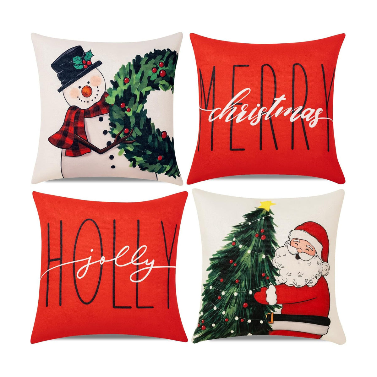 Hongsome Christmas Throw Pillow Covers 18x18 in Set of 4 Decorations,Decorative Snowman Santa Pillow Case for Couch Sofa Winter Holiday Indoor Outdoor Home Red White Xams Decor
