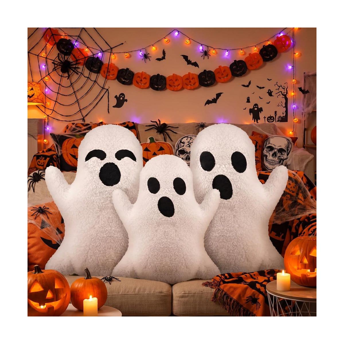 Konohan 3 Pcs White Ghost Halloween Throw Pillows Lovely Plush Stuffed