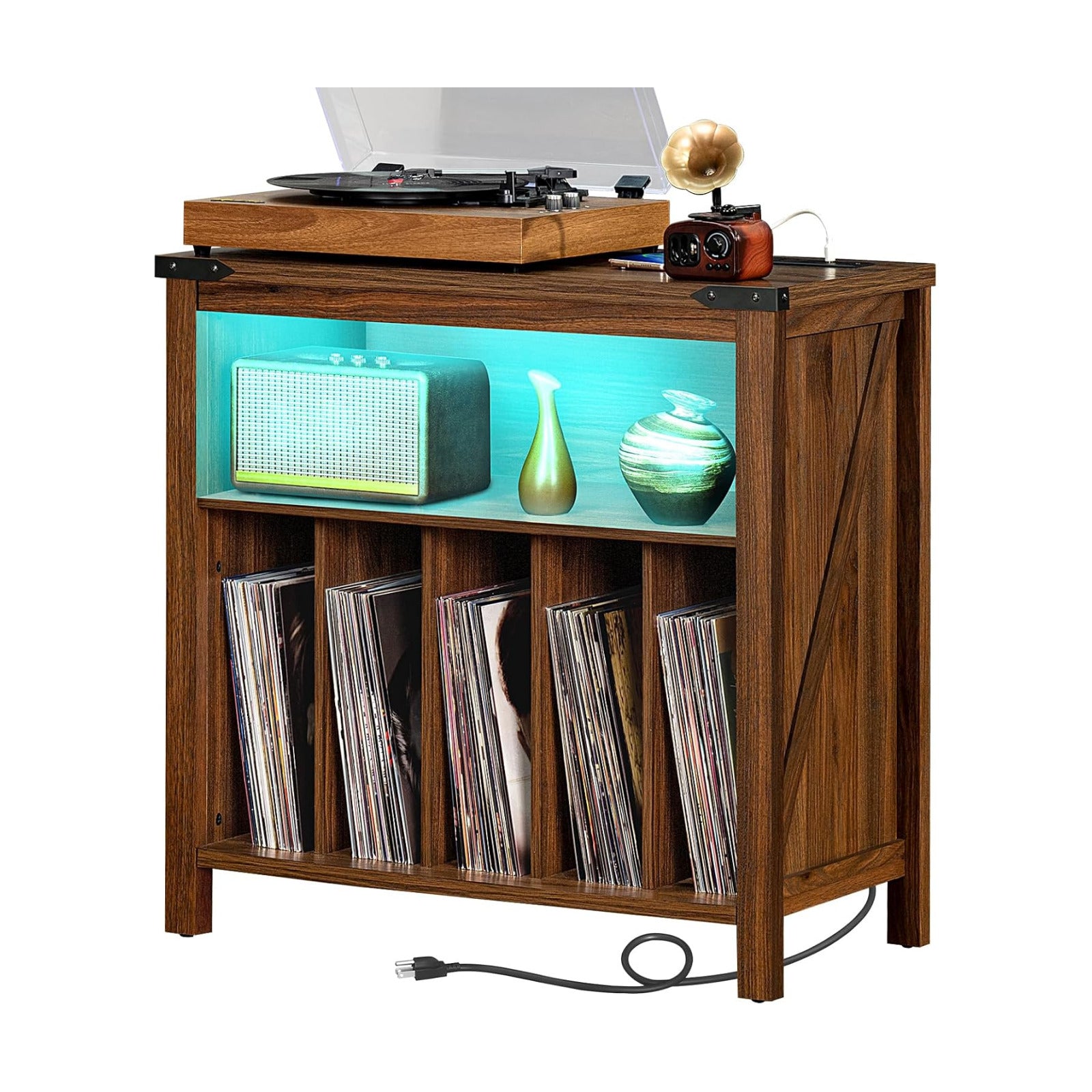 Joaxswe Large Record Player Stand with Charging Station & LED Lights, Vinyl Records Storage Holder Cabinet Holds up to