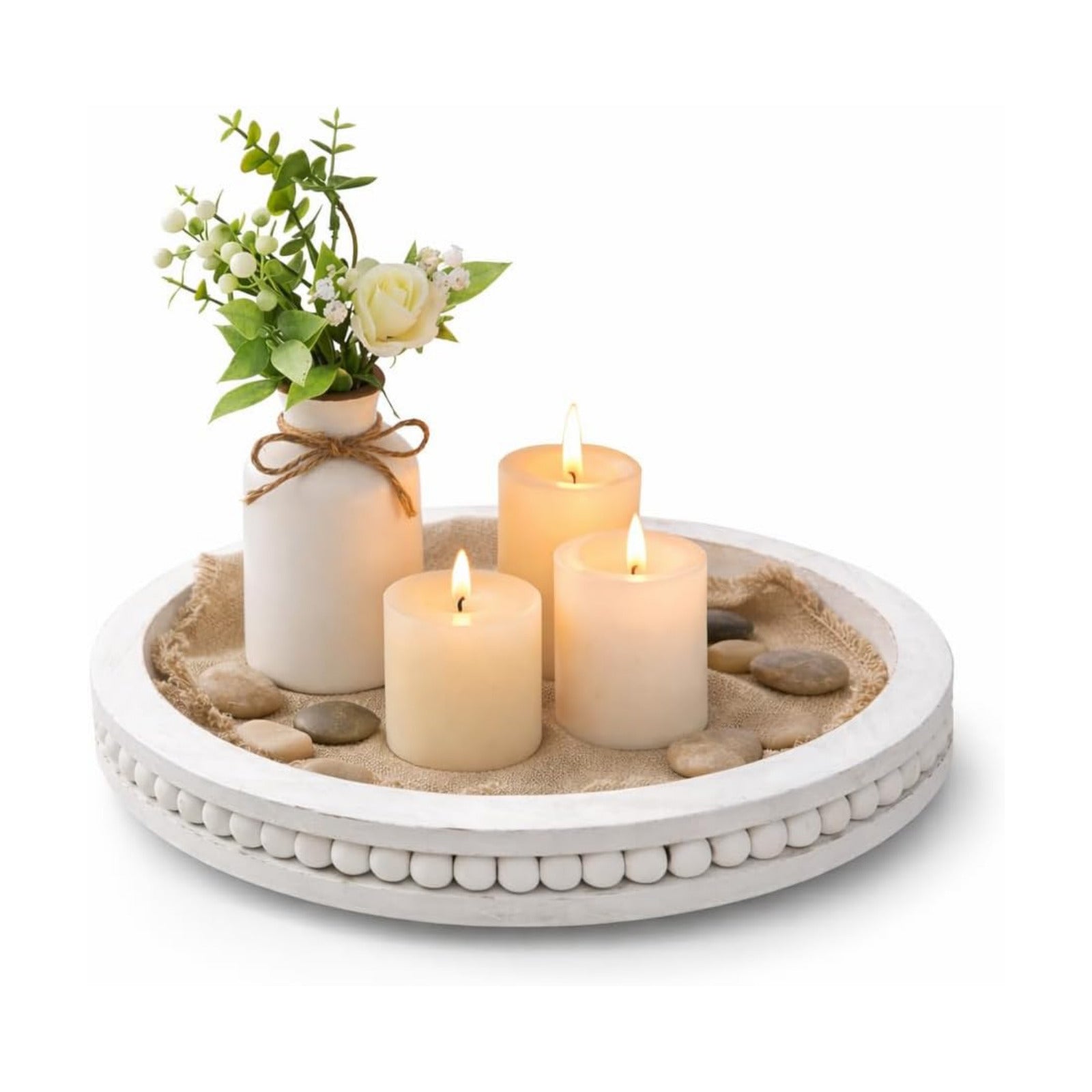 Farmhouse Round Wooden Beaded Tray
