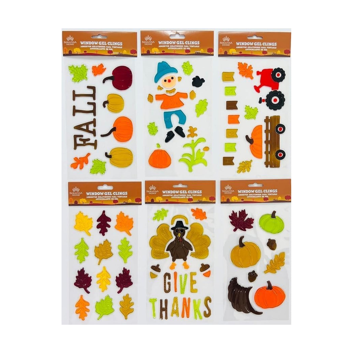 Fall Gel Cling Stickers for Windows and Mirrors - 6 Sheets of Reusable Seasonal Designs: Scarecrow, Leaves, Tractor, Pumpkins, Turkey Pumpkins and More!