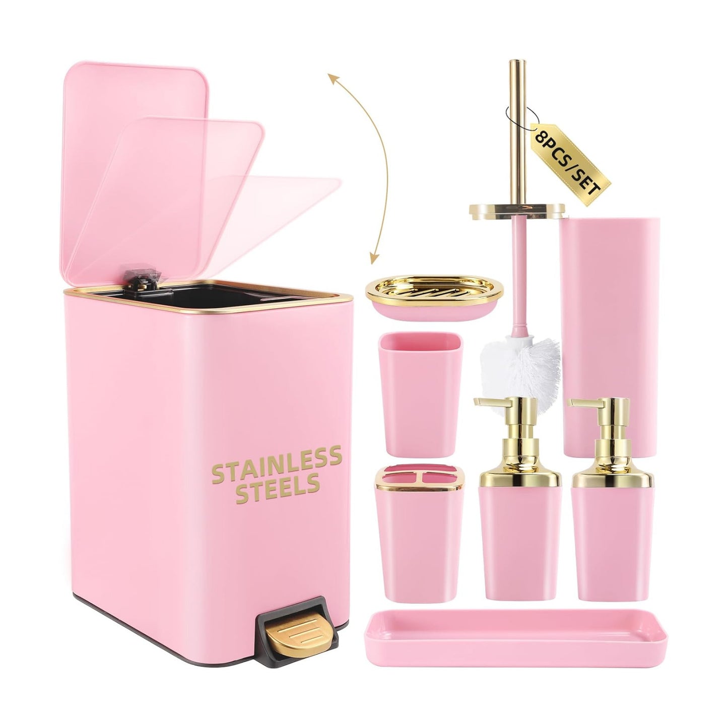 XLHOMO Pink Bathroom Accessories Set 8 Piece Pink and Gold Bathroom Set, Bathroom Sets with Stainless Steel Trash