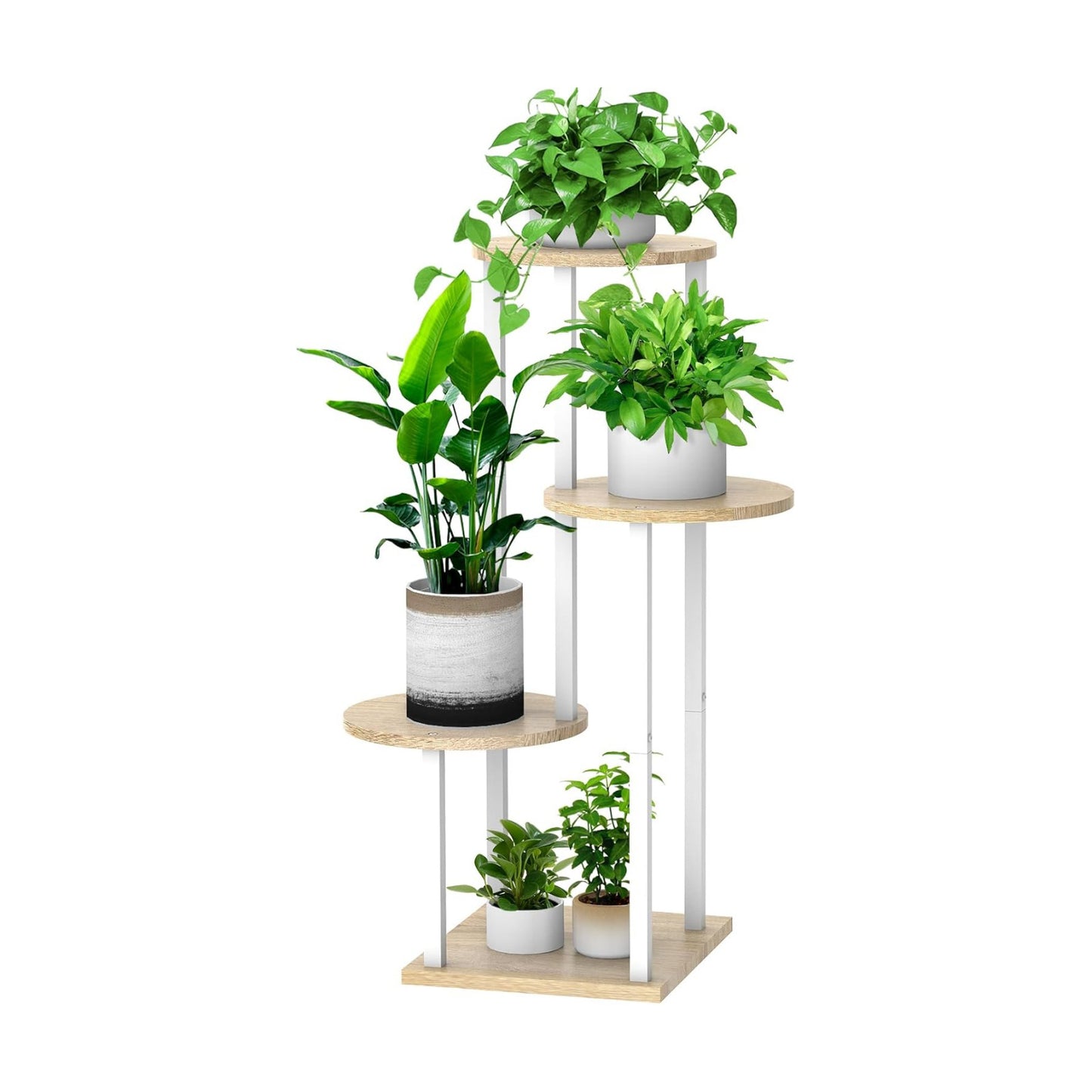 4 Tier Wood Tall Plant Stand Metal Rack Indoor, Multiple Flower Pot Holder Shelves Corner Rack, Round Planter Shelf