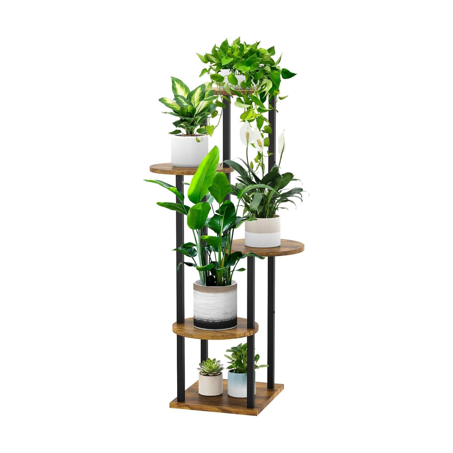 5 Tier Wood Tall Plant Stand Metal Rack Indoor, Multiple Flower Pot Holder Shelves Corner Rack, Round Planter Shelf