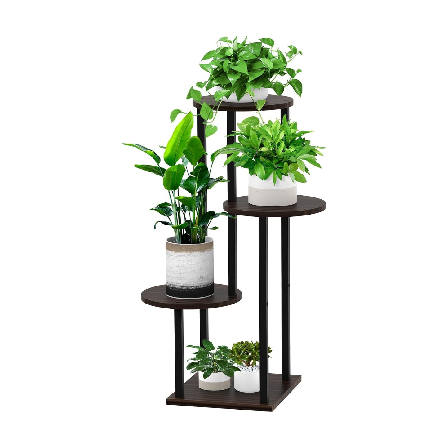4 Tier Wood Tall Plant Stand Metal Rack Indoor, Multiple Flower Pot Holder Shelves Corner Rack, Round Planter Shelf