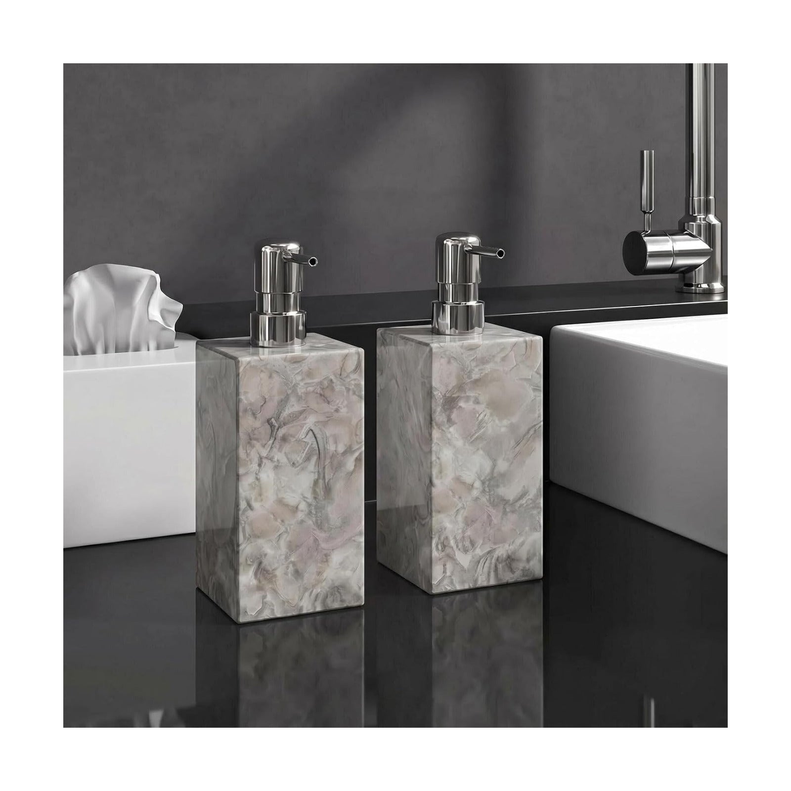 2 Set Real Natural Marble Soap Dispenser with Stainless Steel Pump – Decorative Liquid Hand Soap Bottle for Kitchen &
