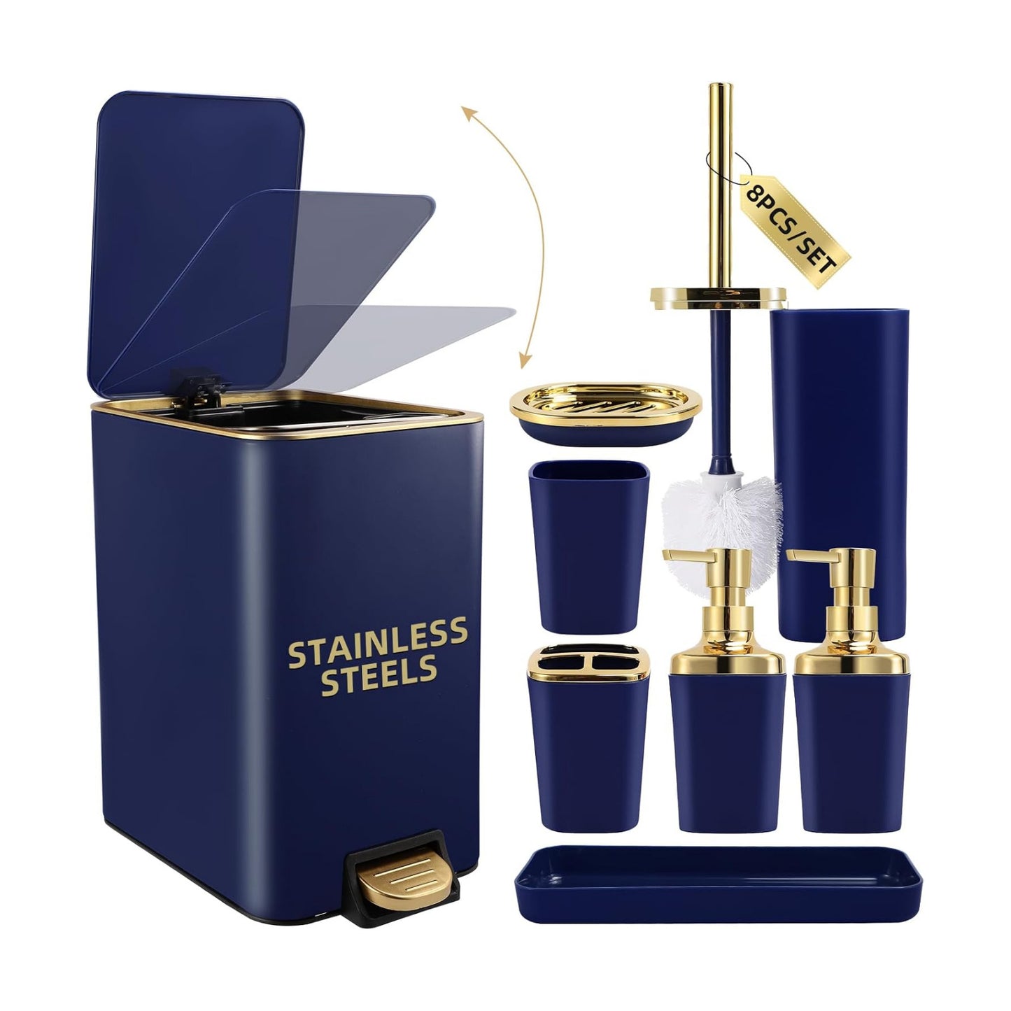 XLHOMO Navy Blue Bathroom Accessories Set 8 Piece Navy Blue and Gold Bathroom Set, Bathroom Sets with Stainless Steel