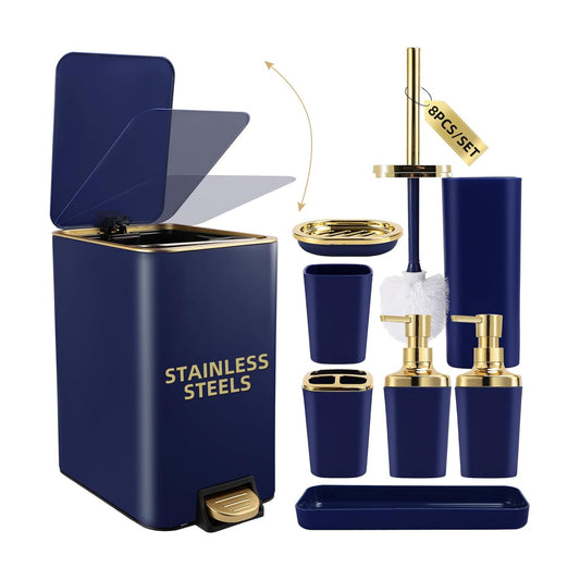 XLHOMO Navy Blue Bathroom Accessories Set 8 Piece Navy Blue and Gold Bathroom Set, Bathroom Sets with Stainless Steel