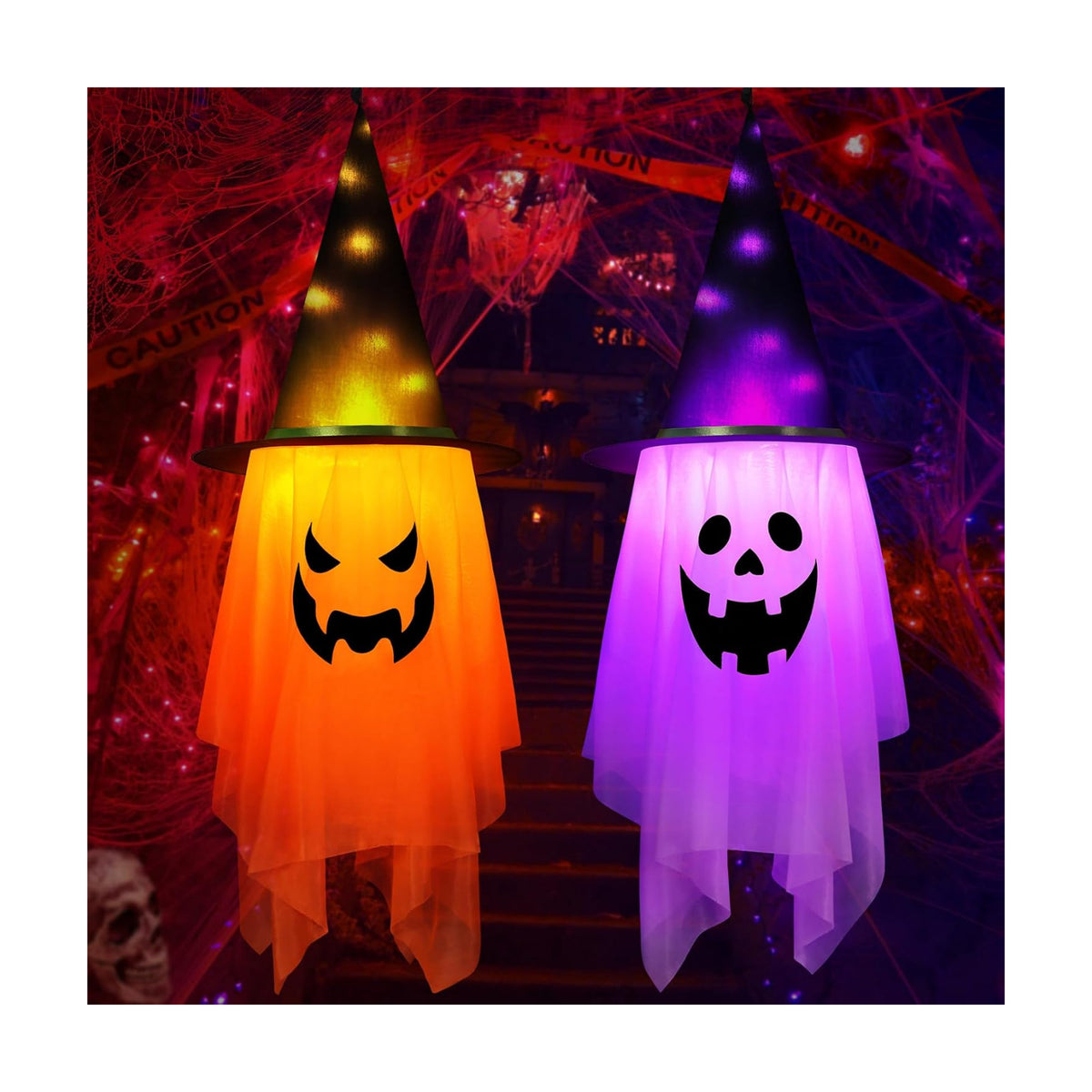 Halloween Decorations Outdoor,2 Pcs Large Lighted Glowing Ghost Witch Hats