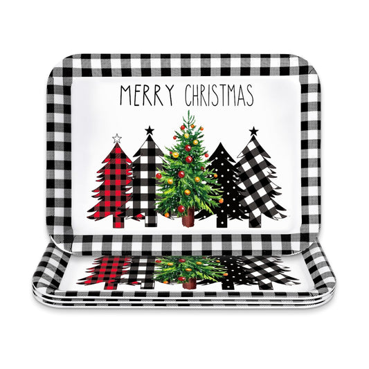 JarThenaAMCS 3Pcs Christmas Serving Trays Black and White Plaid Xmas Tree Platter Rustic Serving Dishes for Holiday Party Sharing Snacks Fruit Dessert Candy