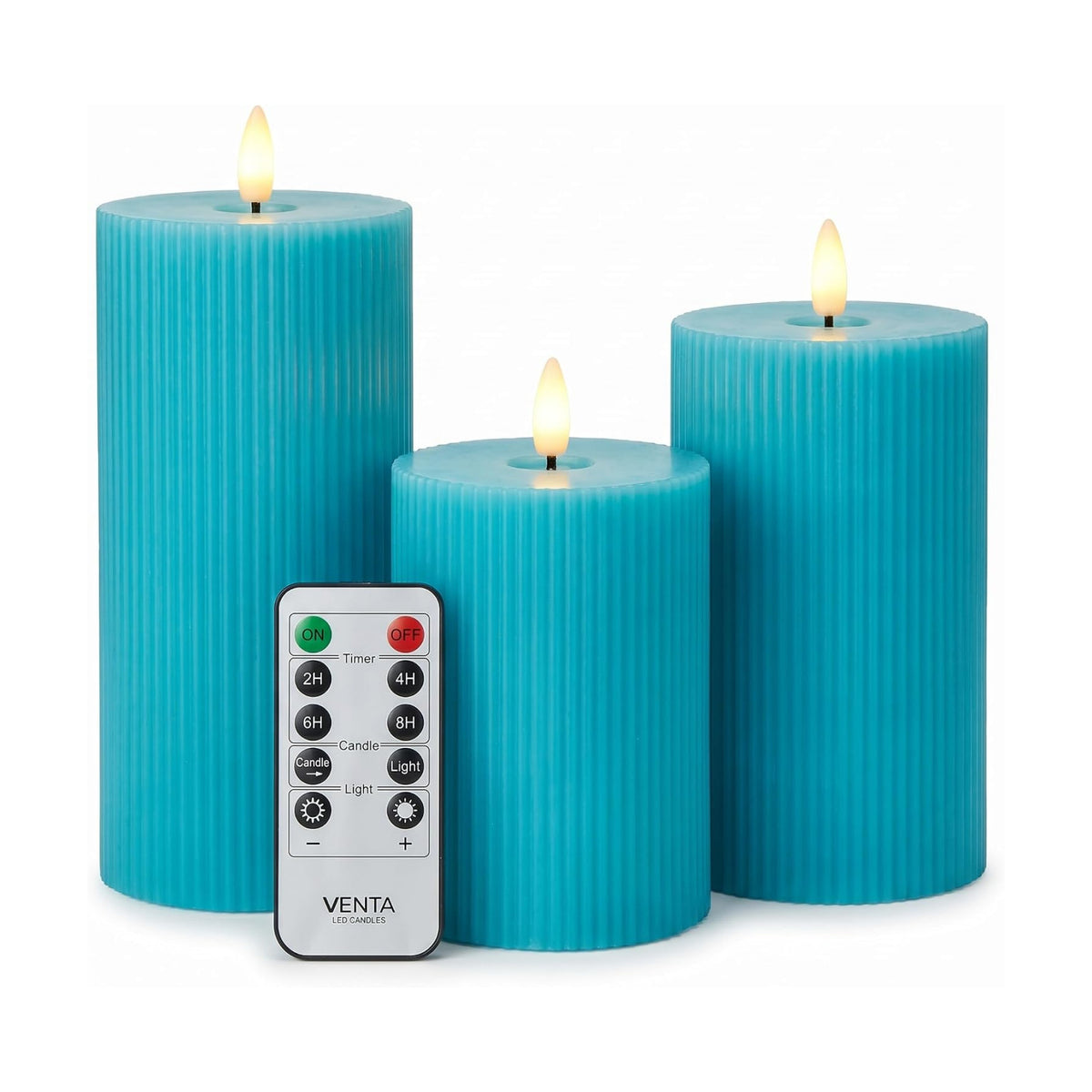 VENTA Turquoise Flameless Pillar Candles, Set of 3 (4" 5" 6") | Realistic Flickering Teal LED Candles with Remote &
