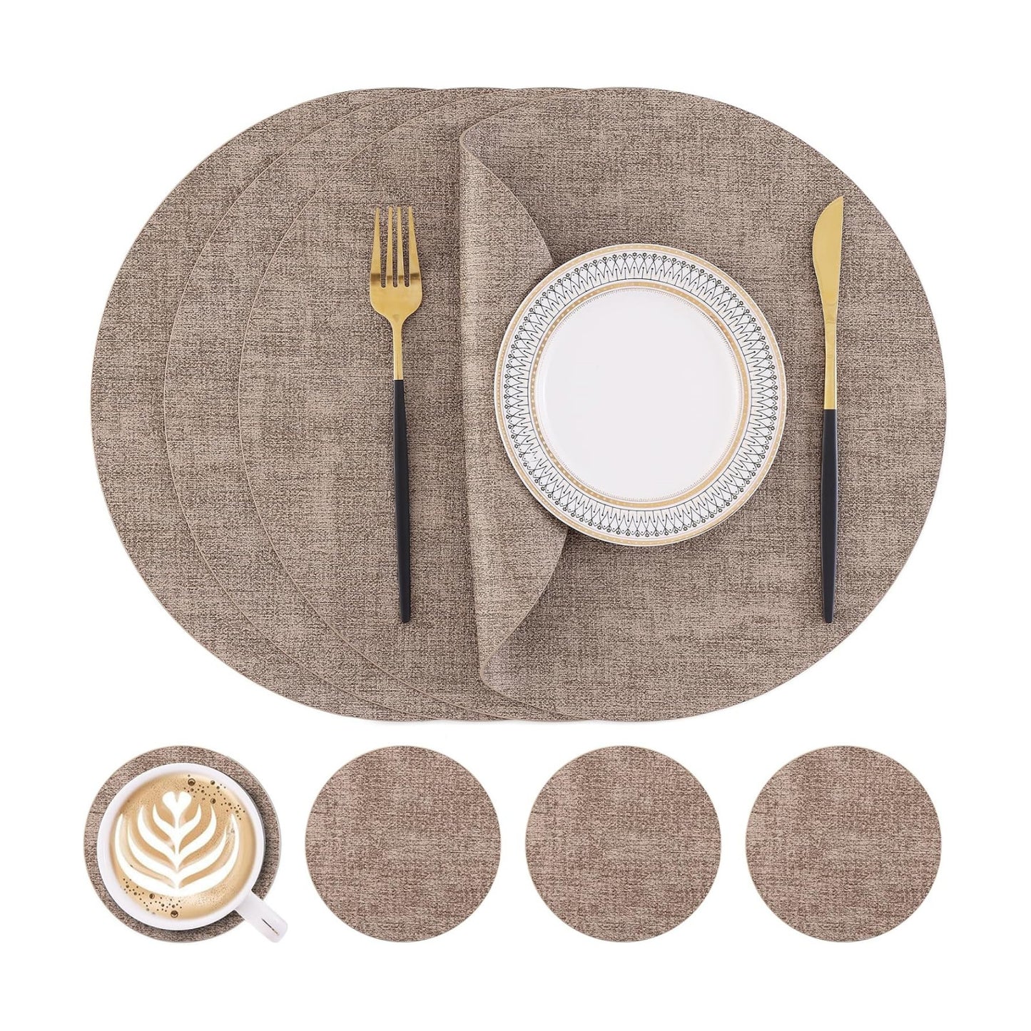 Homaxy Round Faux Leather Placemats and Coasters, Set of 4, Light Brown | Washable Dual-side Table Mats, Wipeable Place