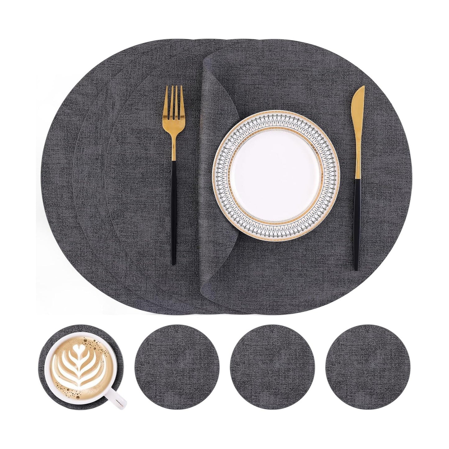 Homaxy Round Faux Leather Placemats and Coasters, Set of 4, Dark Grey | Washable Dual-side Table Mats, Wipeable Place