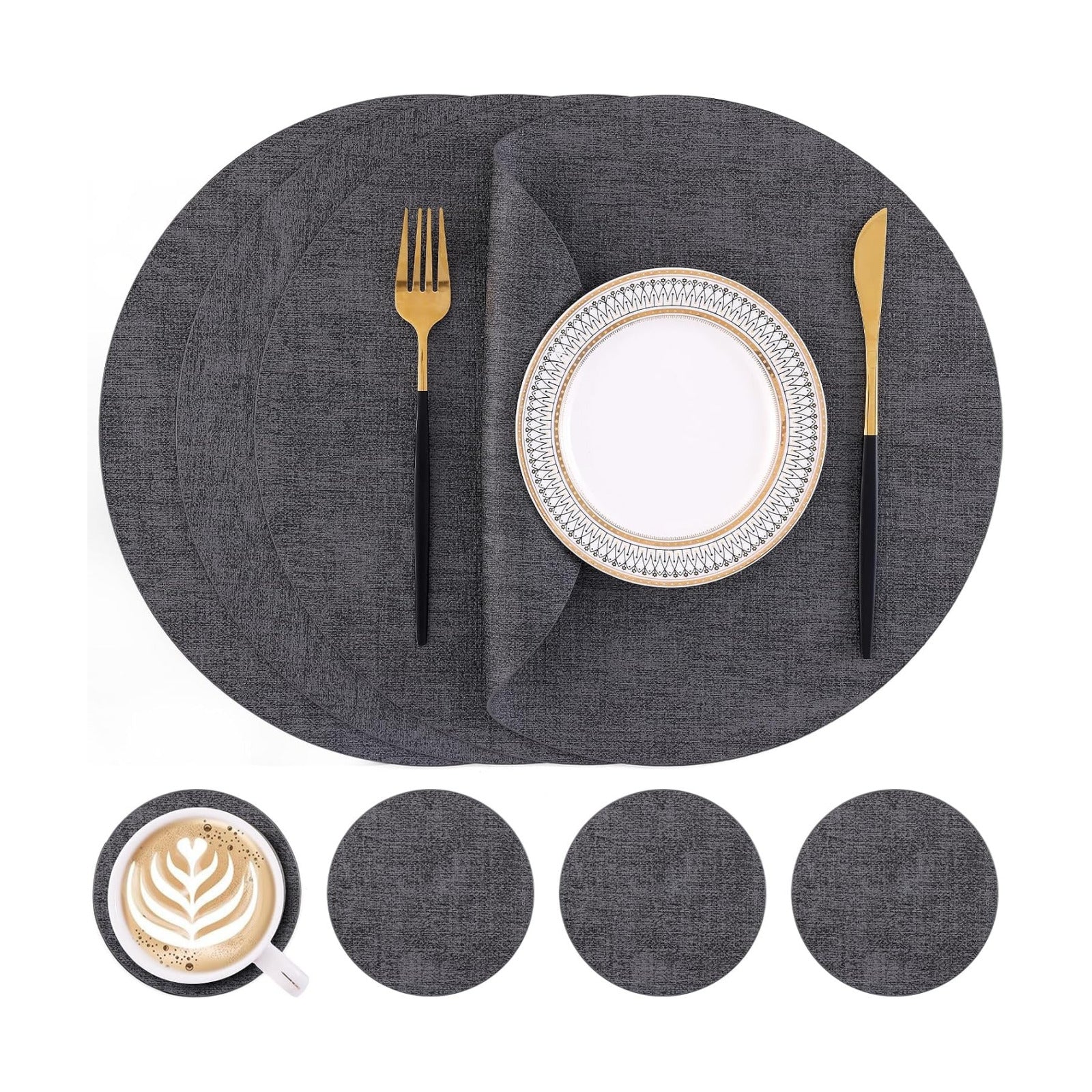 Homaxy Round Faux Leather Placemats and Coasters, Set of 4, Dark Grey | Washable Dual-side Table Mats, Wipeable Place