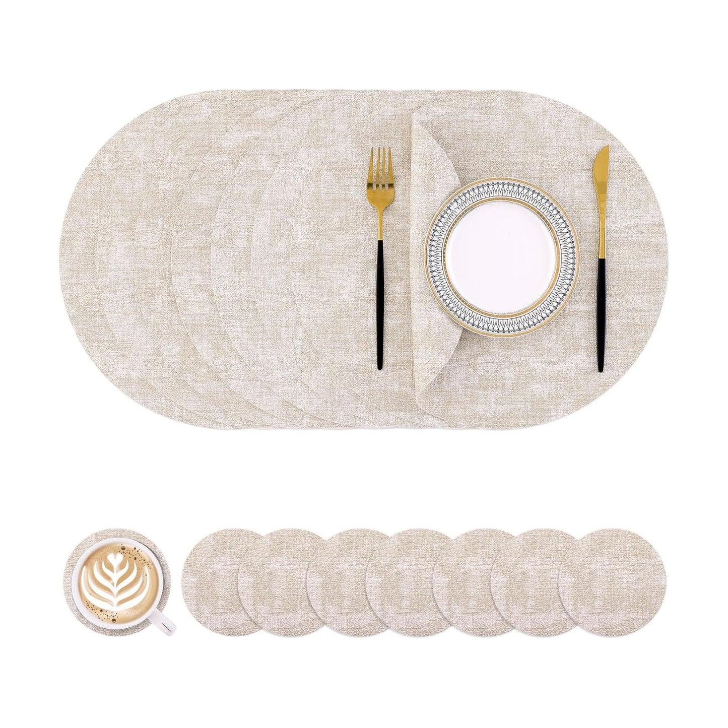Homaxy Round Faux Leather Placemats and Coasters, Set of 8, Beige | Washable Dual-side Table Mats, Wipeable Place Mats