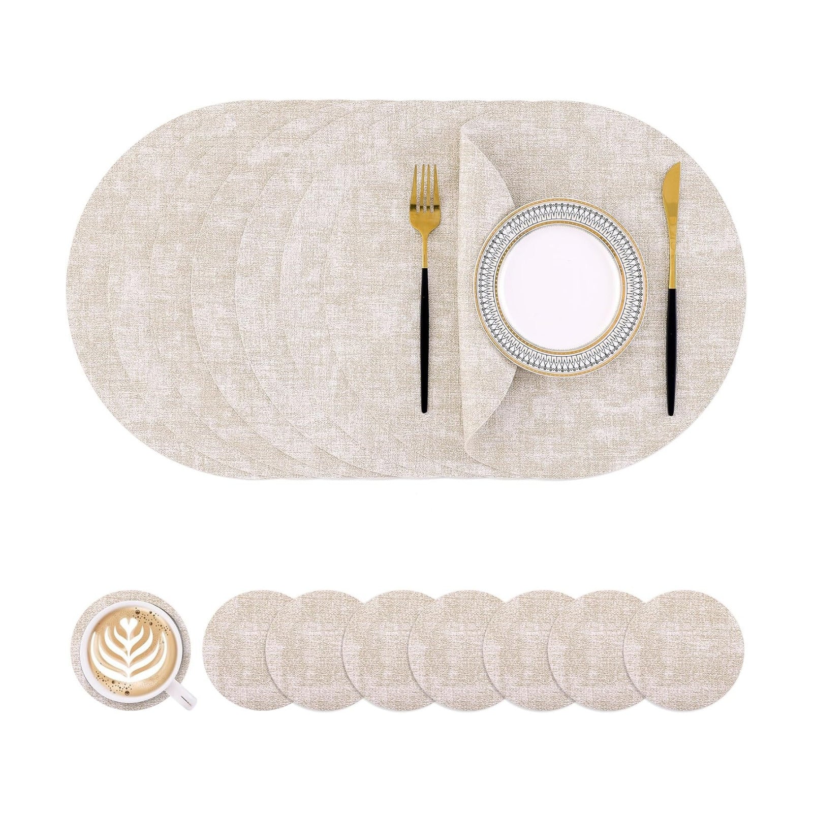Homaxy Round Faux Leather Placemats and Coasters, Set of 8, Beige | Washable Dual-side Table Mats, Wipeable Place Mats