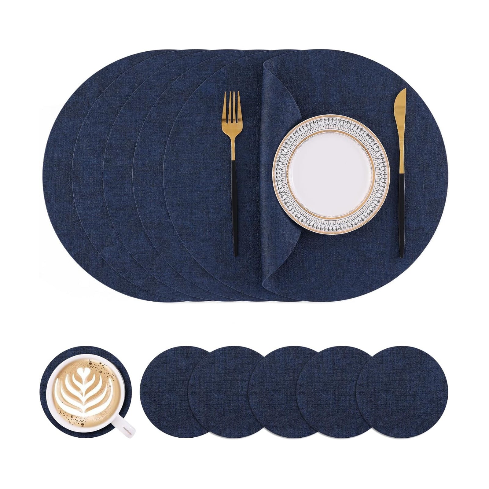 Homaxy Round Faux Leather Placemats and Coasters, Set of 6, Navy Blue | Washable Dual-side Table Mats, Wipeable Place