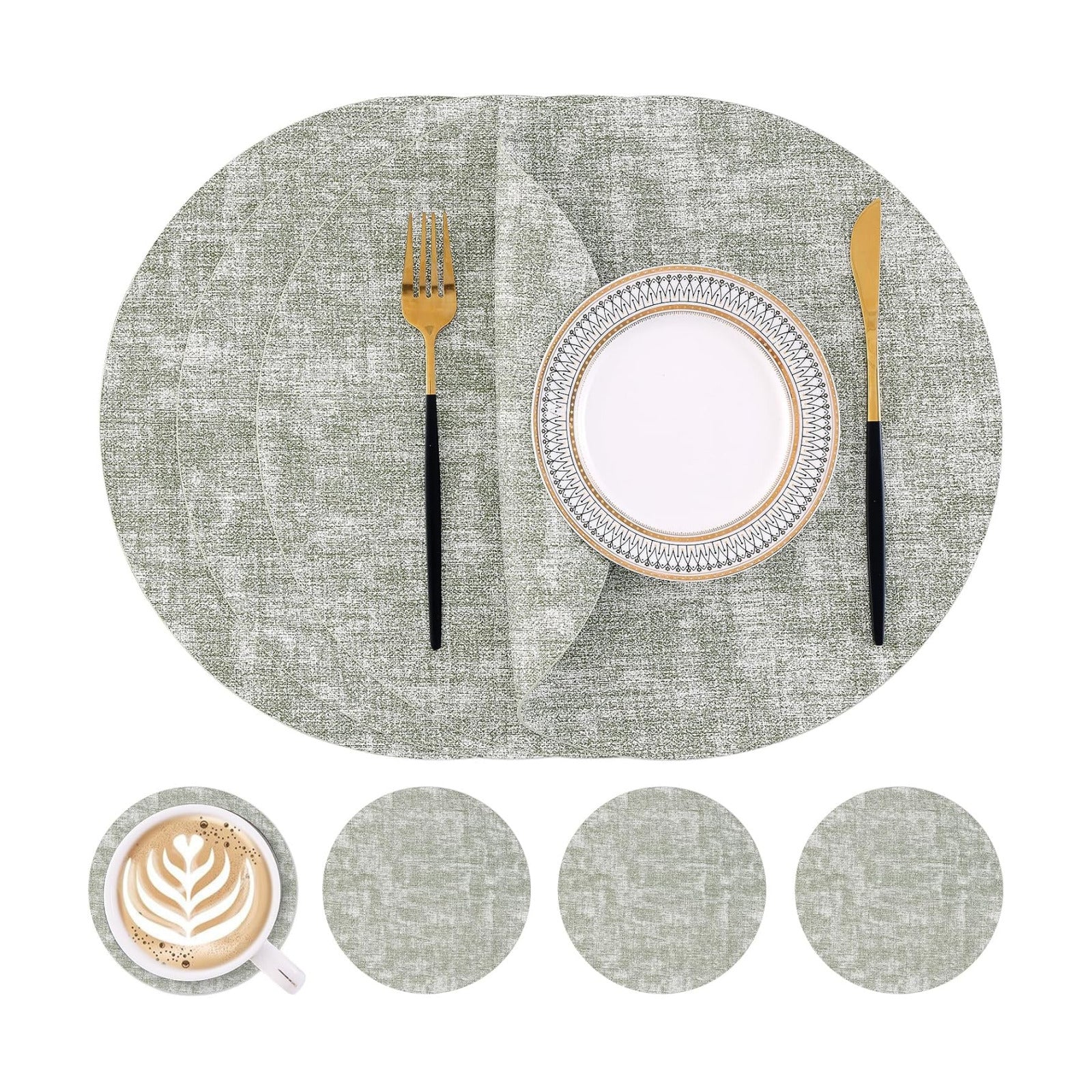 Homaxy Round Faux Leather Placemats and Coasters, Set of 4, Grass Green | Washable Dual-side Table Mats, Wipeable Place