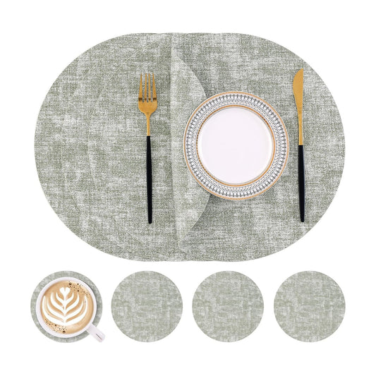 Homaxy Round Faux Leather Placemats and Coasters, Set of 4, Grass Green | Washable Dual-side Table Mats, Wipeable Place