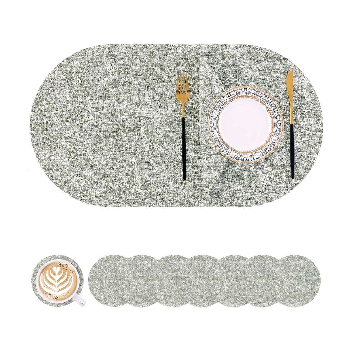 Homaxy Round Faux Leather Placemats and Coasters, Set of 8, Grass Green | Washable Dual-side Table Mats, Wipeable Place