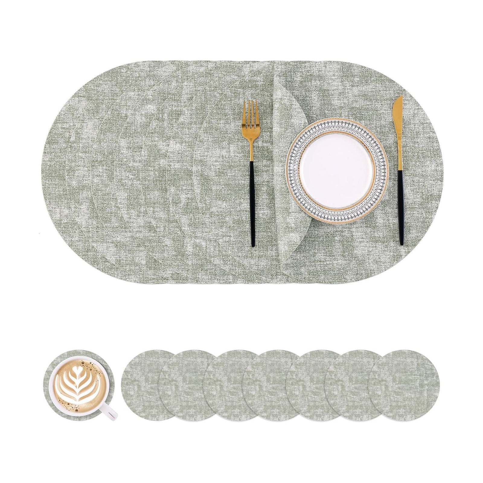 Homaxy Round Faux Leather Placemats and Coasters, Set of 8, Grass Green | Washable Dual-side Table Mats, Wipeable Place