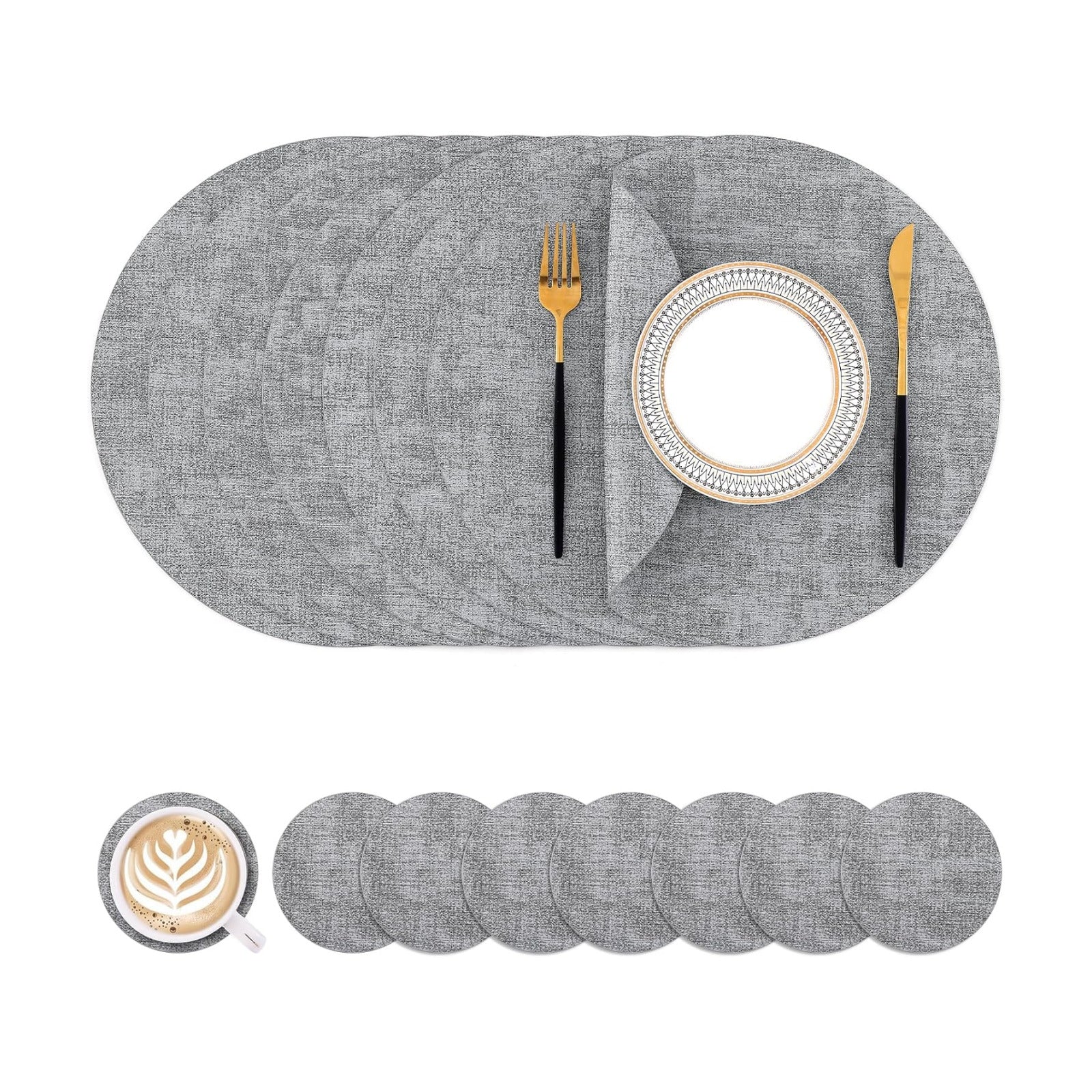 Homaxy Round Faux Leather Placemats and Coasters, Set of 8, Light Grey | Washable Dual-side Table Mats, Wipeable Place