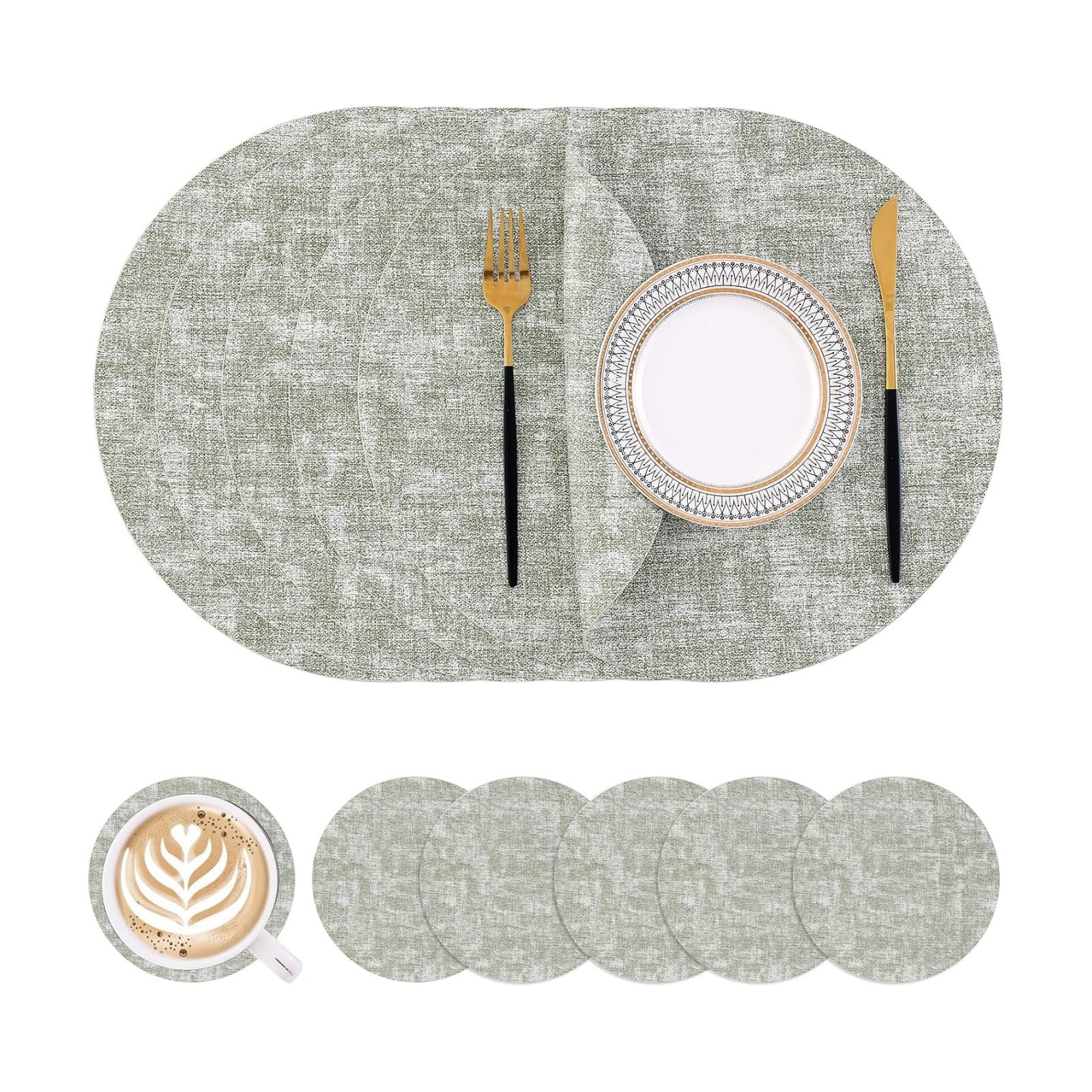 Homaxy Round Faux Leather Placemats and Coasters, Set of 6, Grass Green | Washable Dual-side Table Mats, Wipeable Place