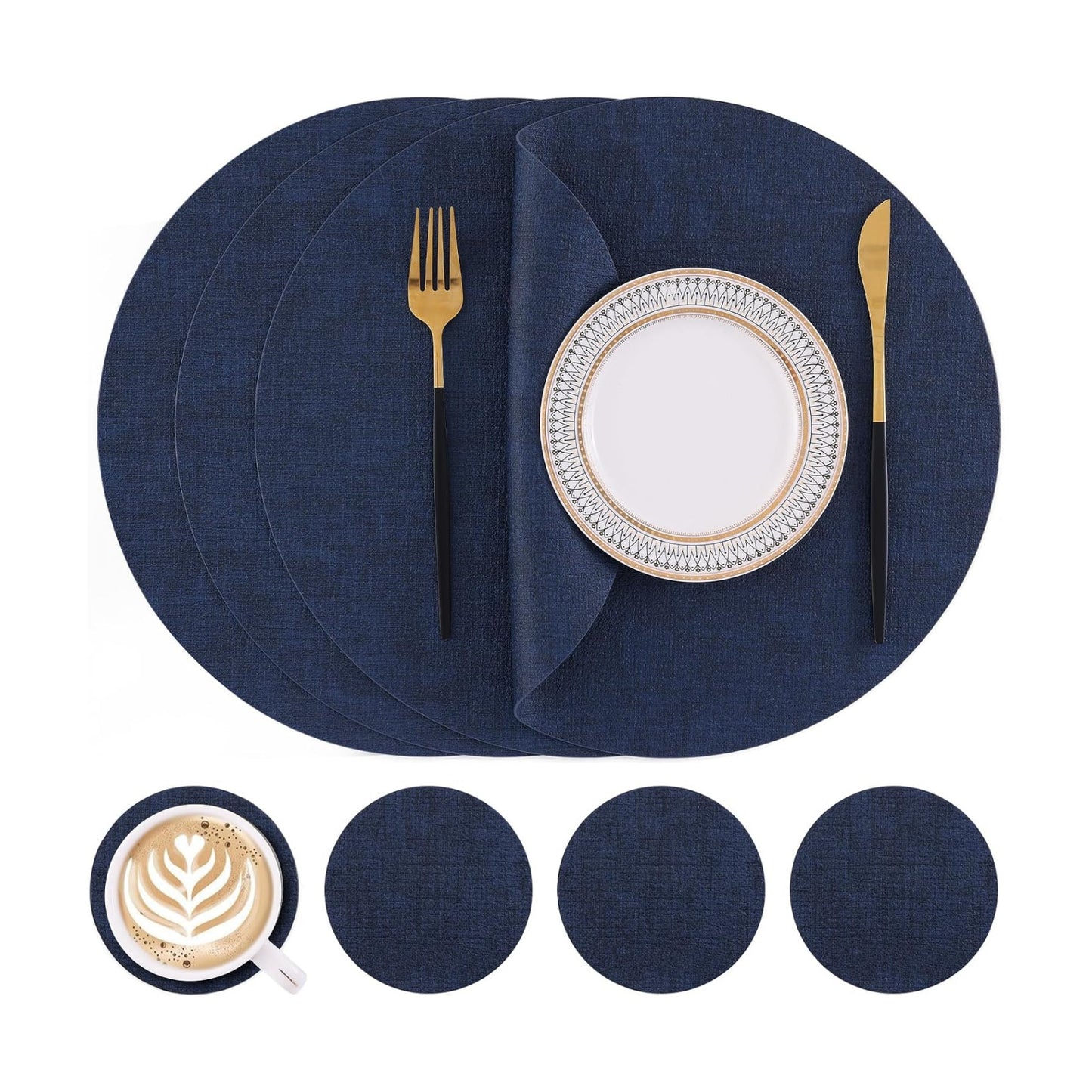 Homaxy Round Faux Leather Placemats and Coasters, Set of 4, Navy Blue | Washable Dual-side Table Mats, Wipeable Place