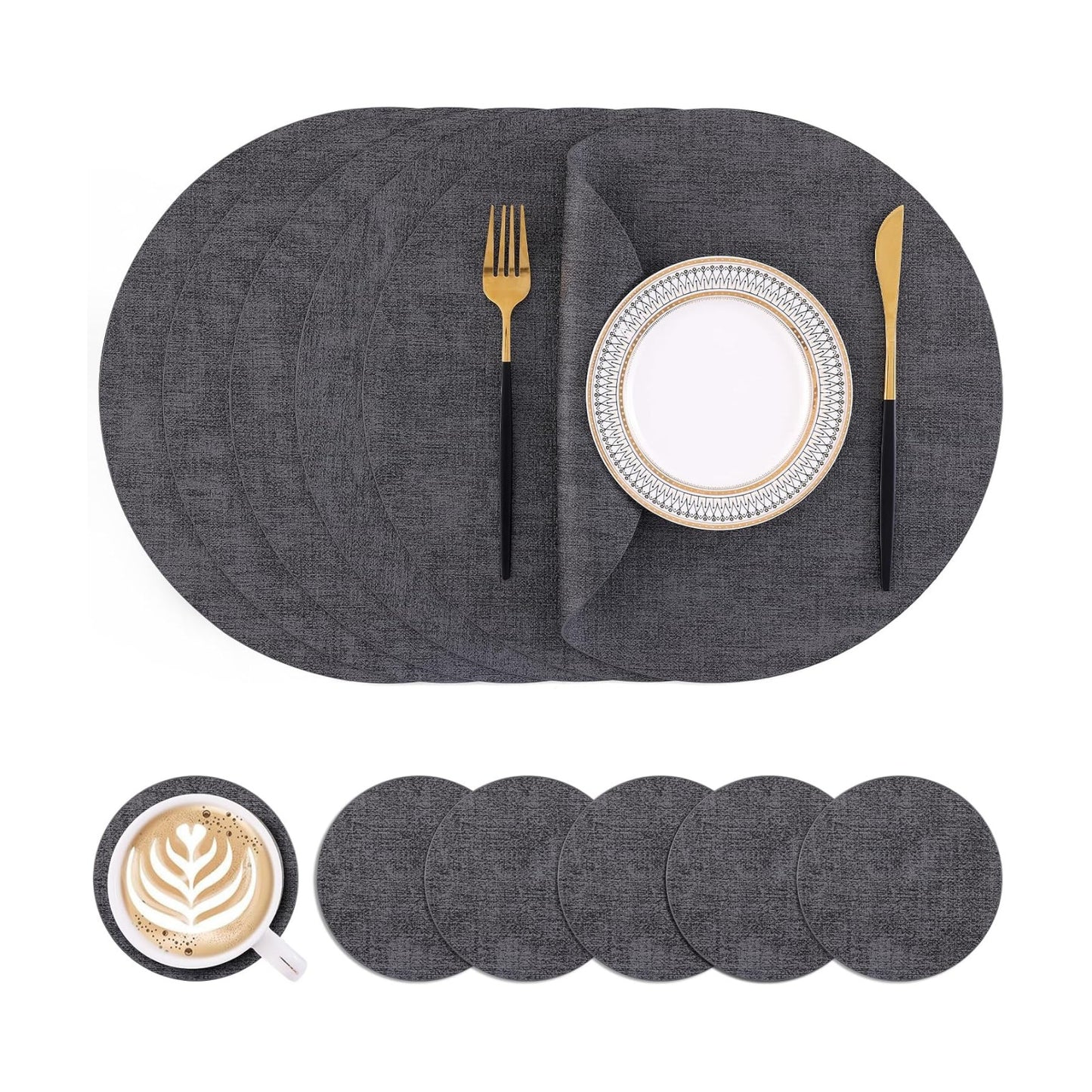 Homaxy Round Faux Leather Placemats and Coasters, Set of 6, Dark Grey | Washable Dual-side Table Mats, Wipeable Place