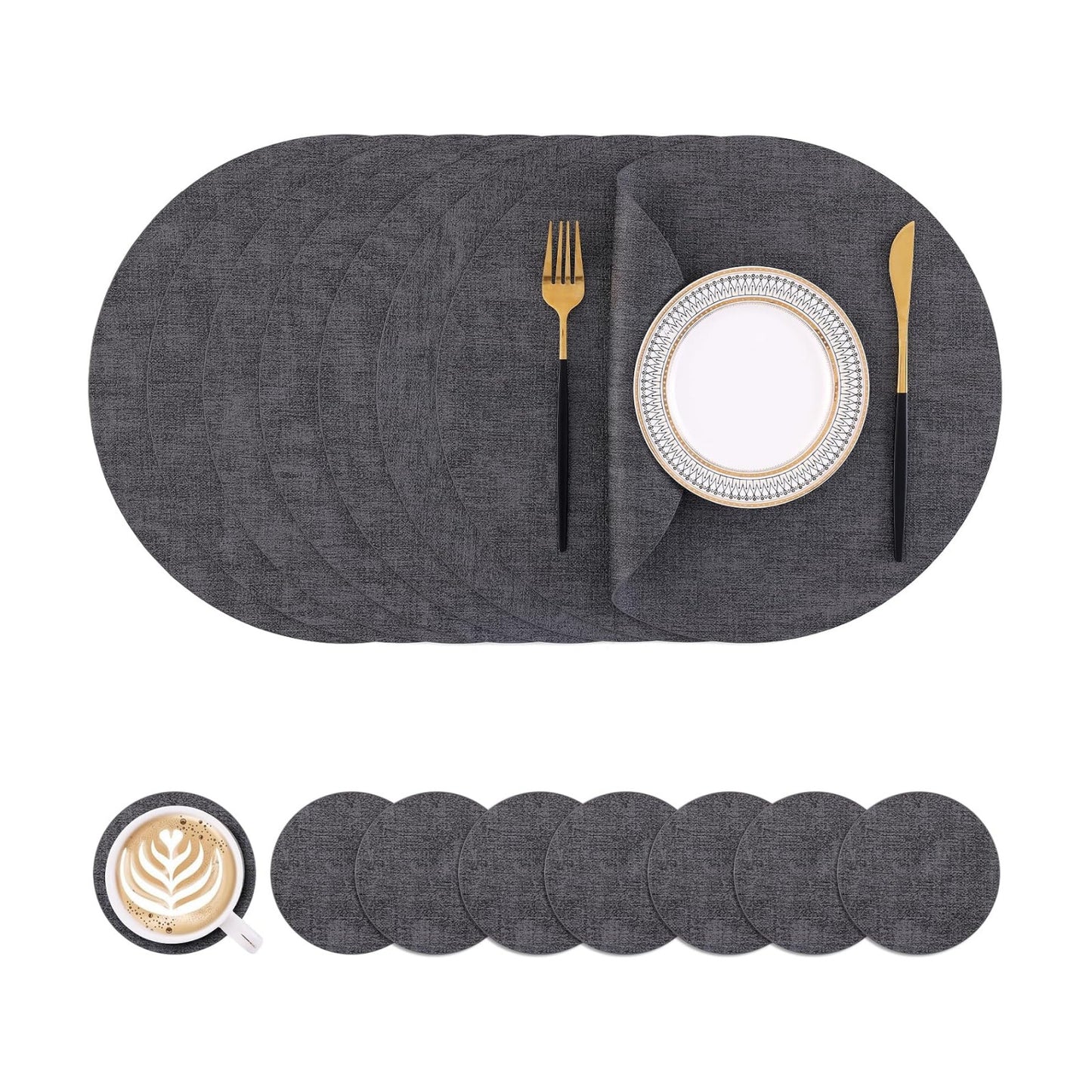 Homaxy Round Faux Leather Placemats and Coasters, Set of 8, Dark Grey | Washable Dual-side Table Mats, Wipeable Place