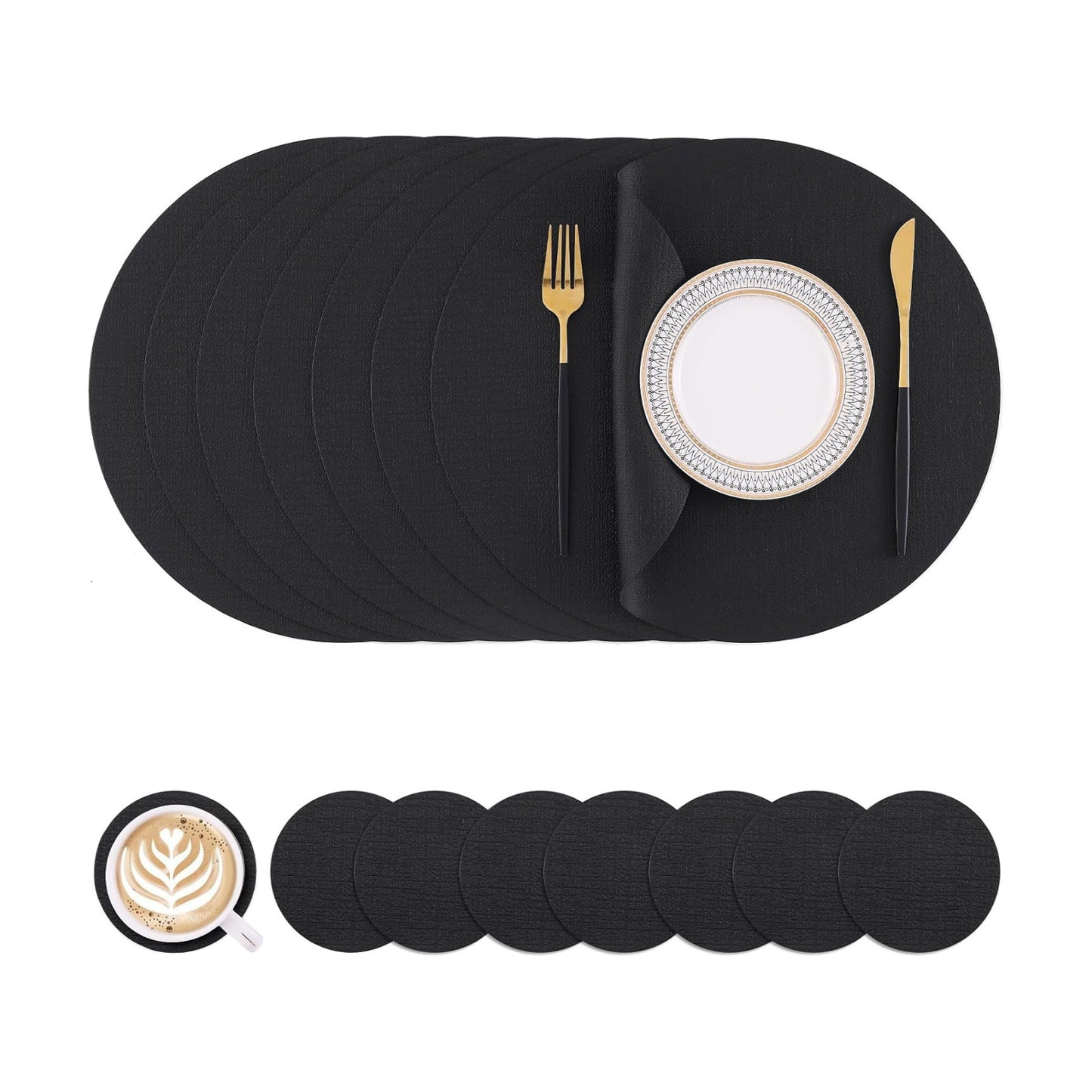 Homaxy Round Faux Leather Placemats and Coasters, Set of 8, Black | Washable Dual-side Table Mats, Wipeable Place Mats