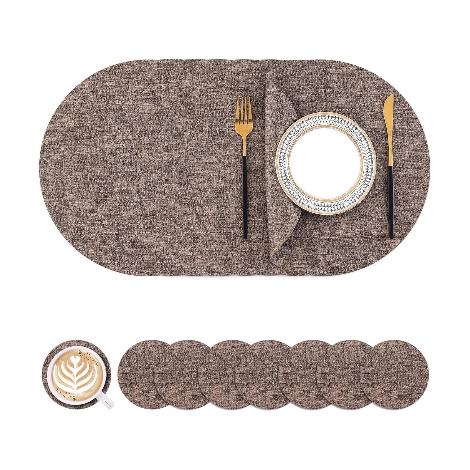 Homaxy Round Faux Leather Placemats and Coasters, Set of 8, Dark Brown | Washable Dual-side Table Mats, Wipeable Place