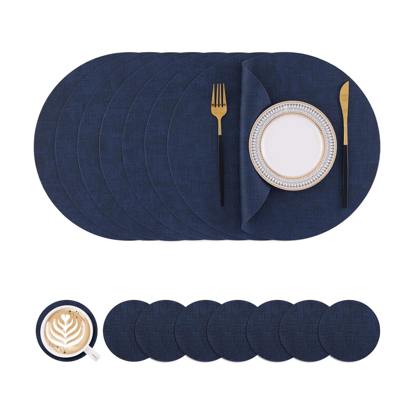 Homaxy Round Faux Leather Placemats and Coasters, Set of 8, Navy Blue | Washable Dual-side Table Mats, Wipeable Place