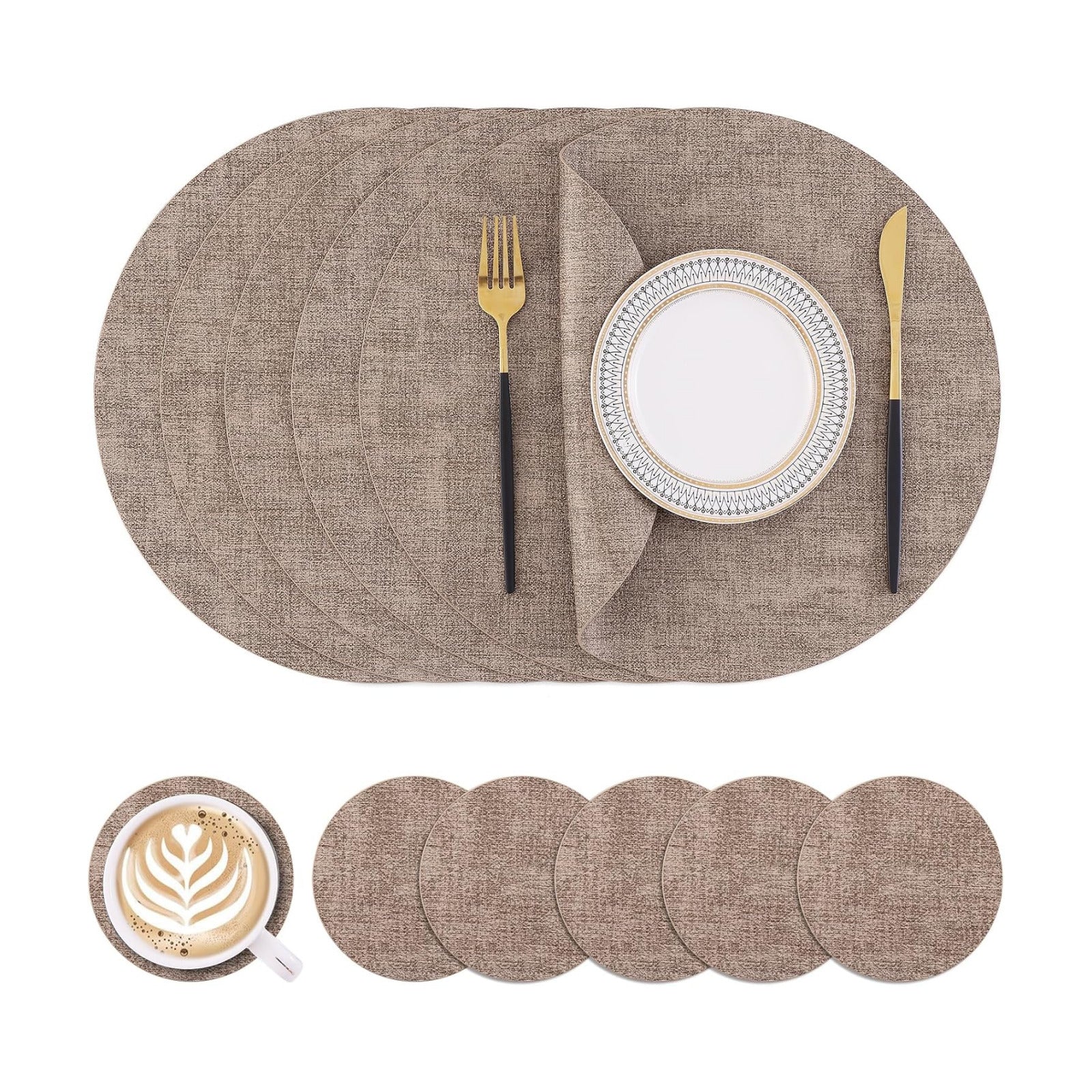 Homaxy Round Faux Leather Placemats and Coasters, Set of 6, Light Brown | Washable Dual-side Table Mats, Wipeable Place