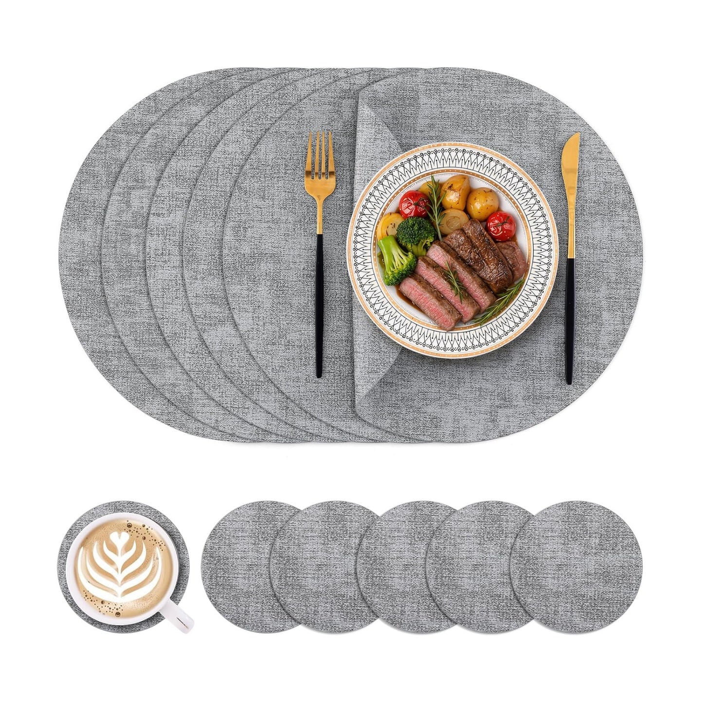 Homaxy Round Faux Leather Placemats and Coasters, Set of 6, Light Grey | Washable Dual-side Table Mats, Wipeable Place