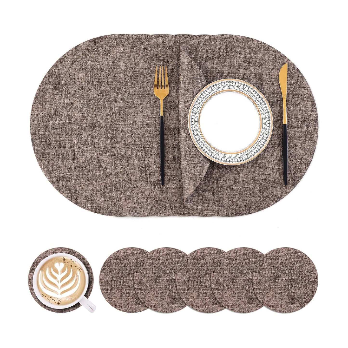 Homaxy Round Faux Leather Placemats and Coasters, Set of 6, Dark Brown | Washable Dual-side Table Mats, Wipeable Place