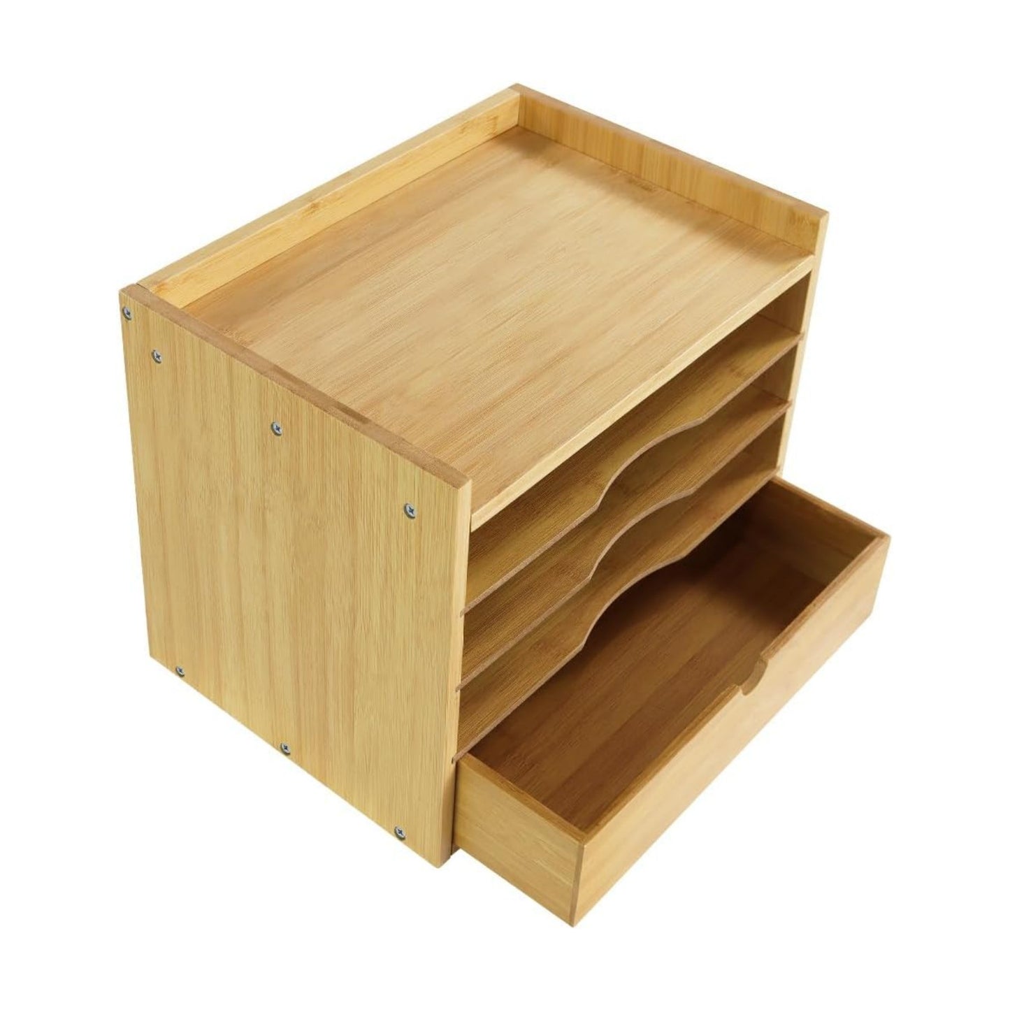 KKTONER 5-Tier Bamboo Desk Organizer with Drawer Tabletop File Organizer Document Holder with Shelf Desktop Cabinet for