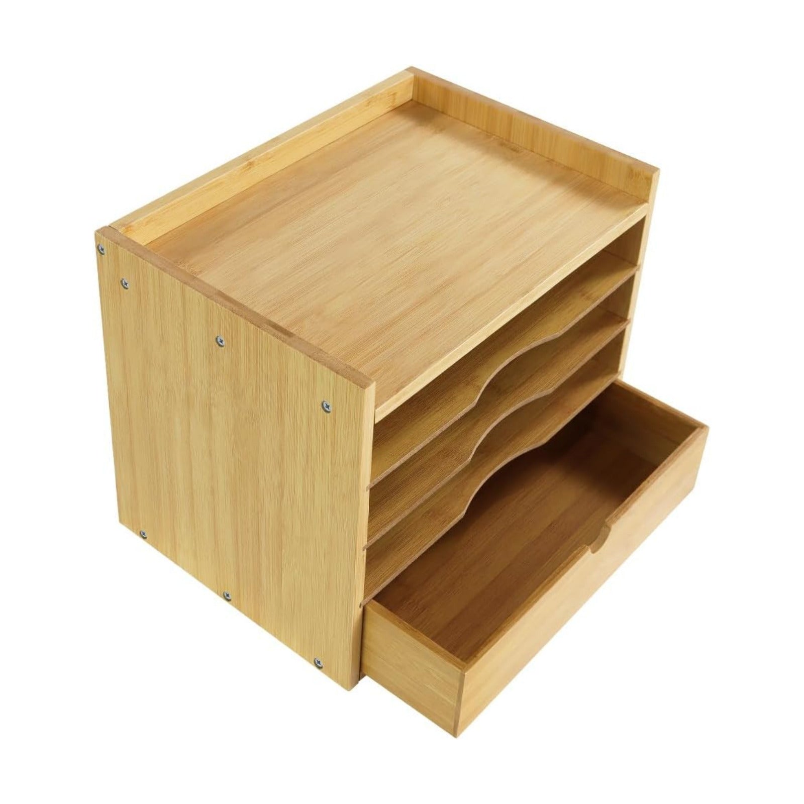 KKTONER 5-Tier Bamboo Desk Organizer with Drawer Tabletop File Organizer Document Holder with Shelf Desktop Cabinet for