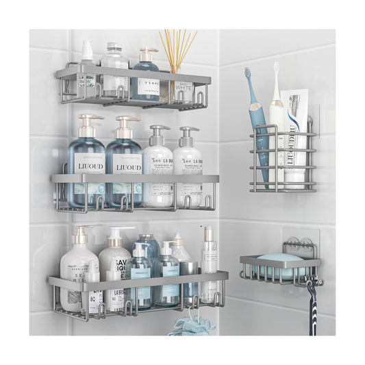 Self Adhesive Bathroom Wall Storage Basket Rustproof / Grey / Set of 5