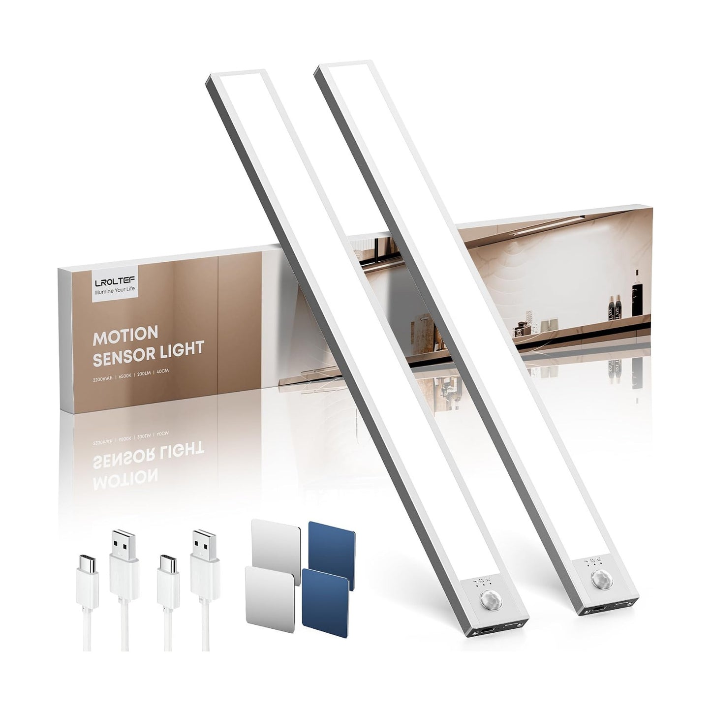 LROLTEF Under Cabinet Lighting Wireless, 2 Pack 15.7 inch 2200mAh 6500K Dimmable Motion Sensor Light Indoor