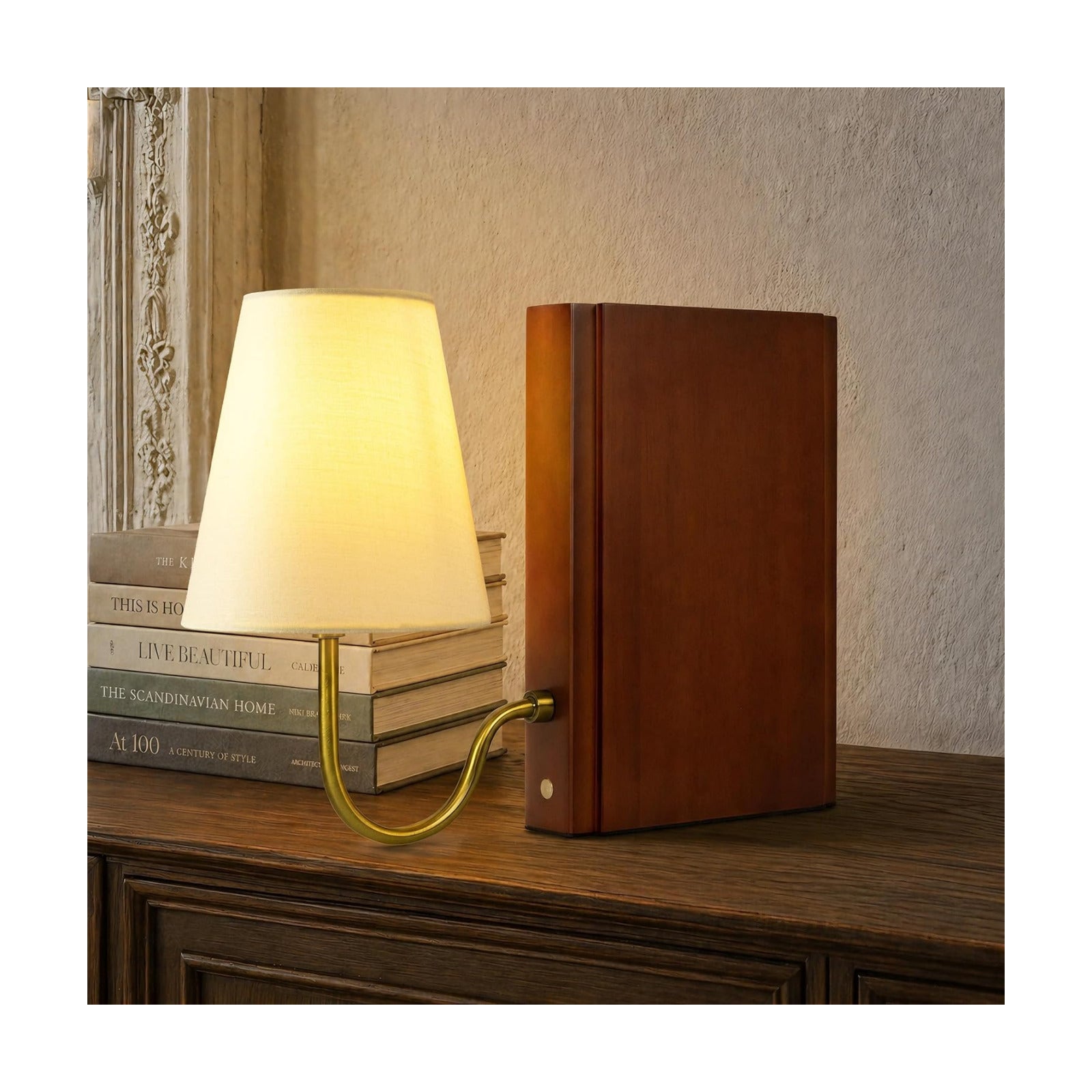Solid Wood Bookshelf Lamp with Bulb, 3-Color Touch Control Dimmable Table Lamp with Linen Shade, Modern Decorative