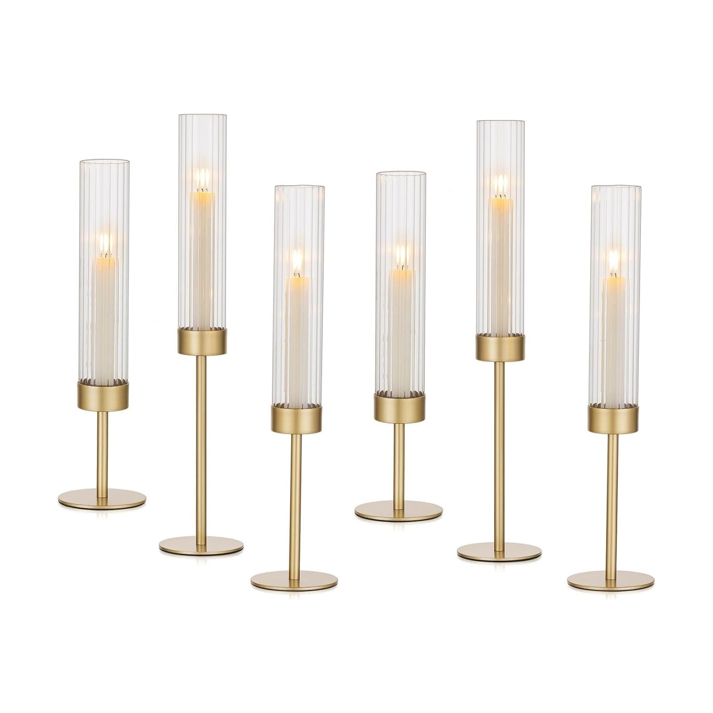 Hewory Gold Hurricane Candle Holder: 6PCS Candlestick Holders for Decor | Ribbed Glass, Brass Taper Candle Holders at 3