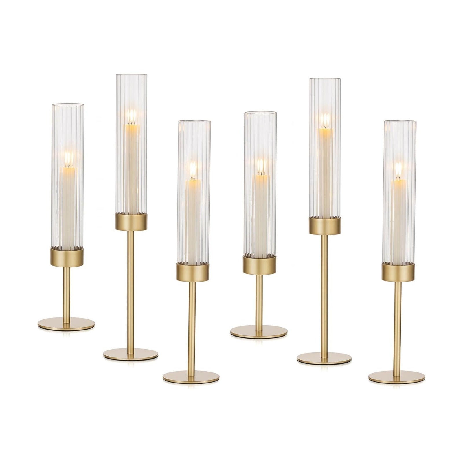 Hewory Gold Hurricane Candle Holder: 6PCS Candlestick Holders for Decor | Ribbed Glass, Brass Taper Candle Holders at 3
