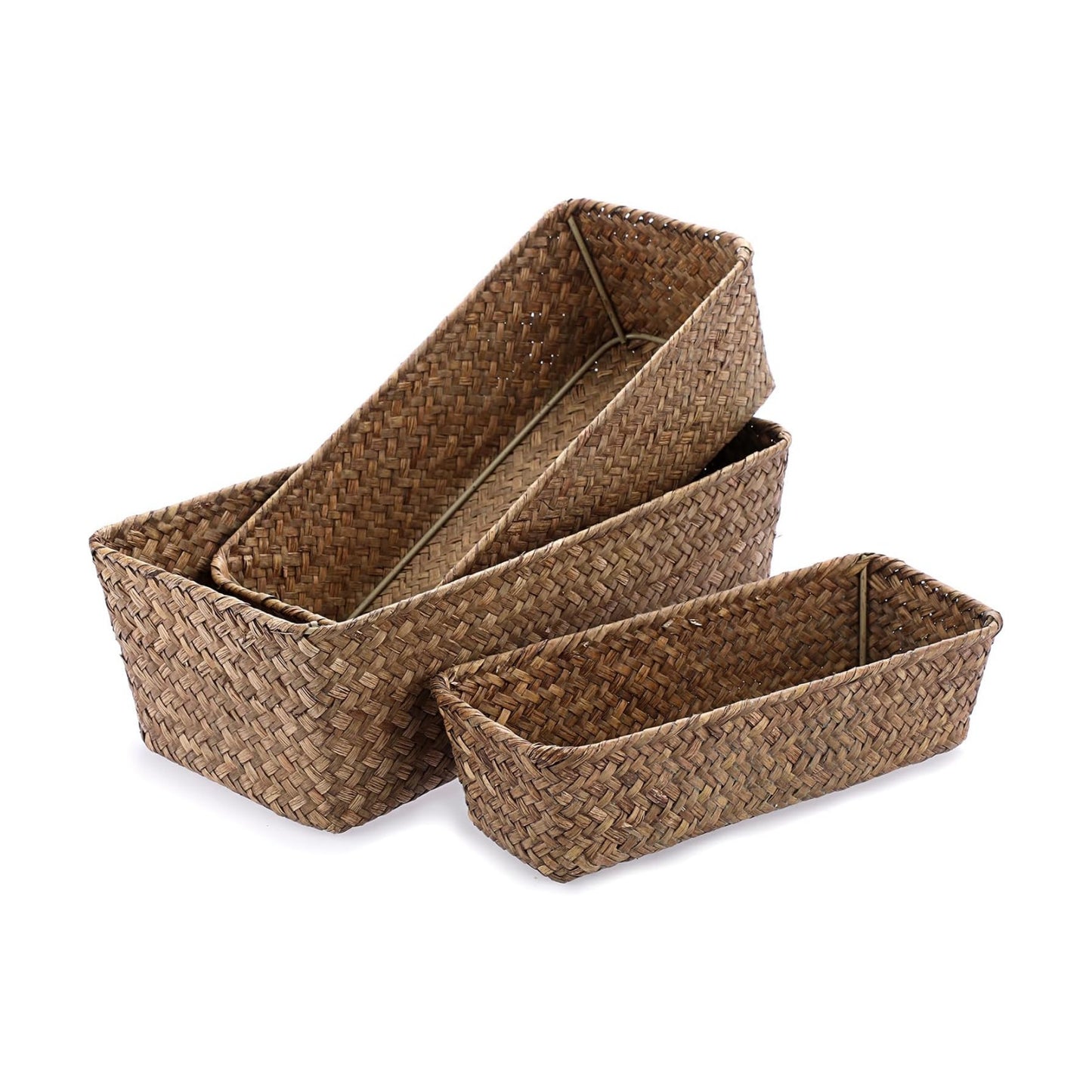 3 Wicker Basket Set Rectangular Handwoven Seagrass Basket Storage Bins / Coffee / Natural / Set of 3