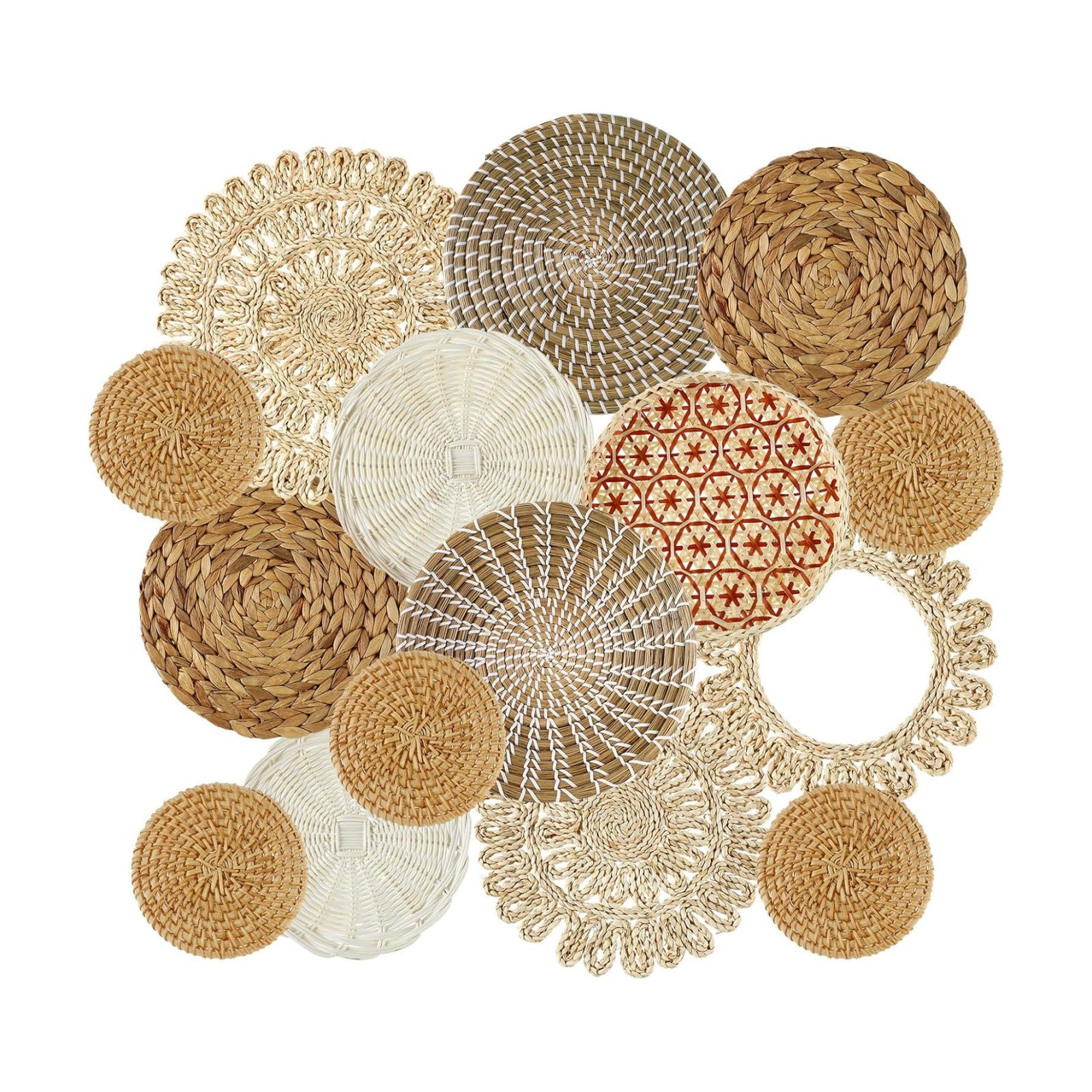 Boho Wall Basket Decor Handcrafted Seagrass Woven Wall Basket Rustic Round / Fresh Style / Set of 15
