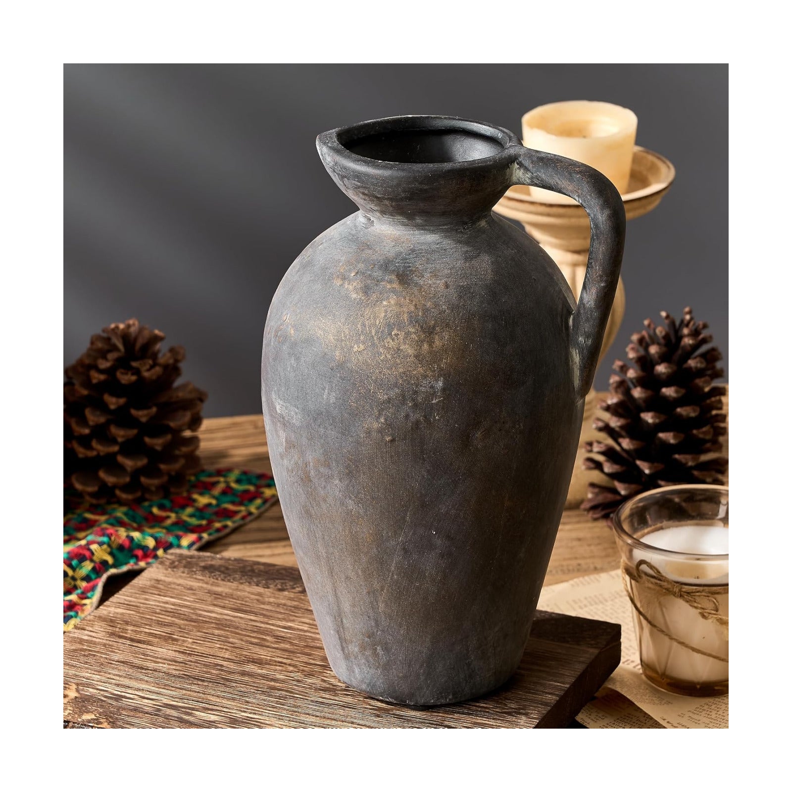 Antique Rustic Ceramic Vase / Black Bronze- 9.3 / 9.3 Inch