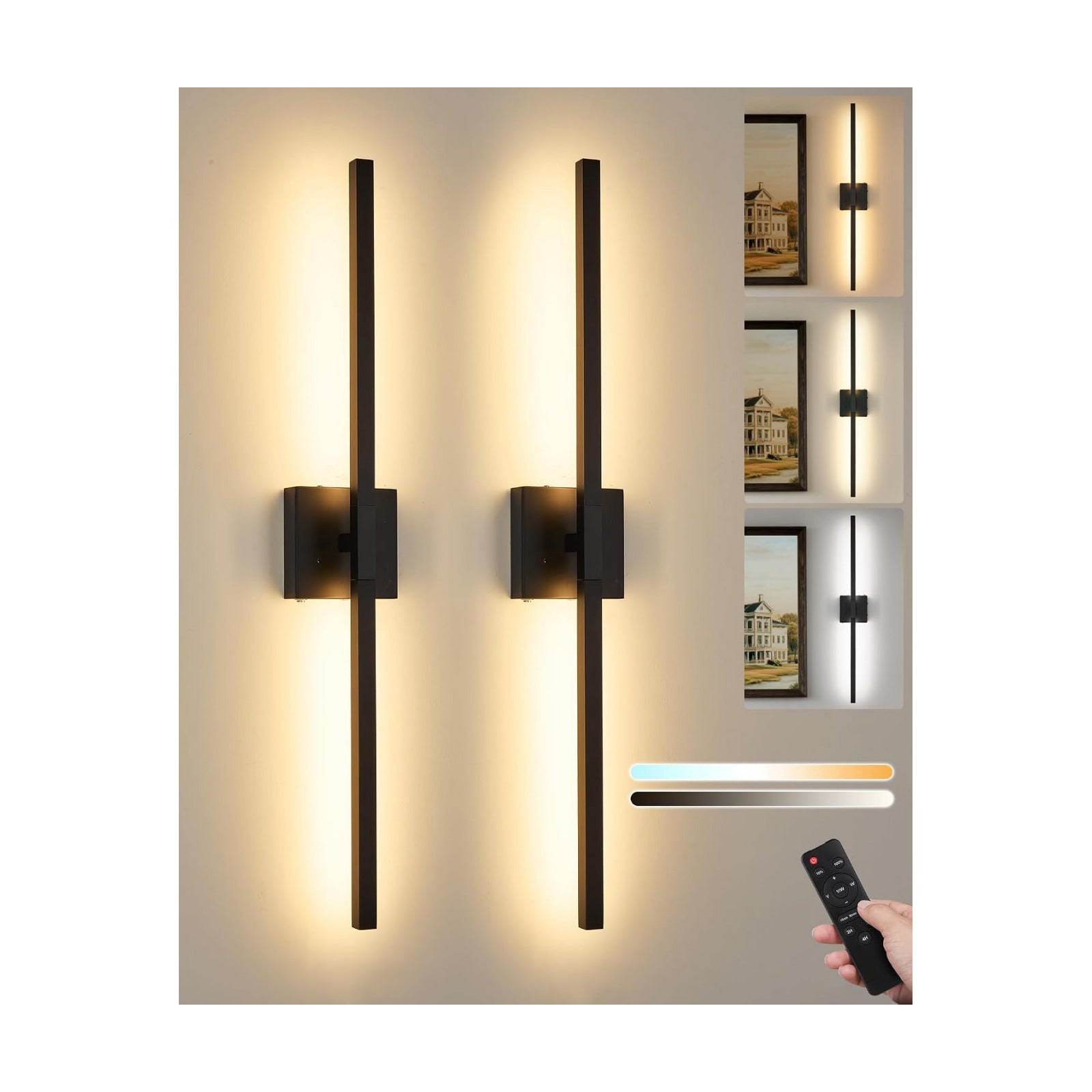 Rayogale 32 Inch Battery Operated Wall Sconces with Remote Control | 3000K-6000K Dimmable Black Wireless Rechargeable