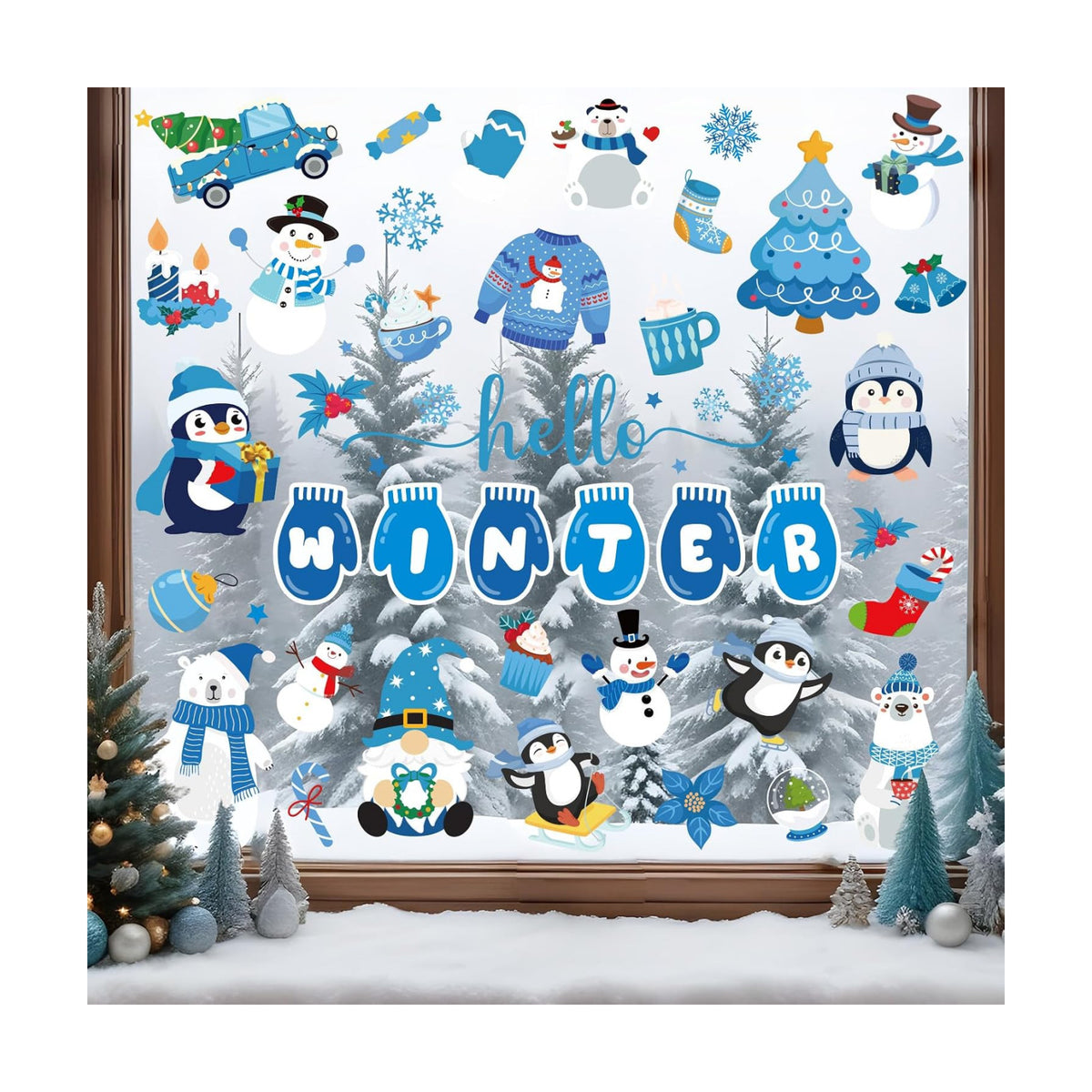 Whaline 9 Sheets Hello Winter Window Cling Stickers Blue Cartoon Penguin Snowman Bear Reusable Window Decals for Christmas Xmas Party Home Office Classroom Decoration