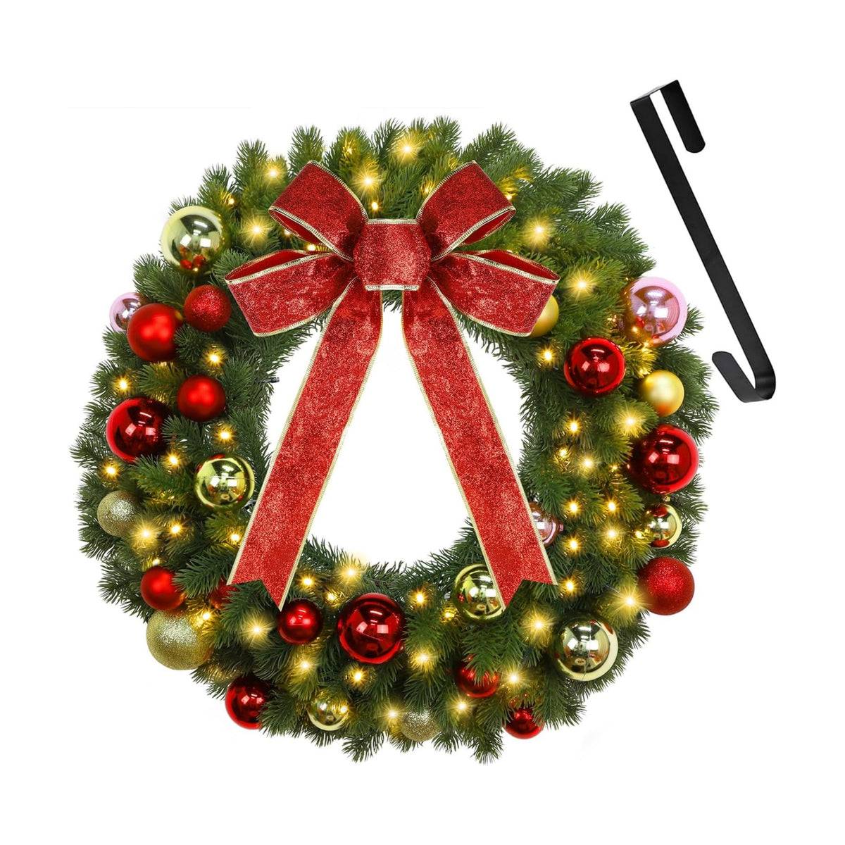 Juegoal 21 Inch Pre-Lit Christmas Wreath with Metal Hanger, Lighted Xmas Folded Wreath with 60 LED Lights, Red Bow and Colorful Balls, Battery Operated & Timer for Outdoor Home Window Wall Front Door